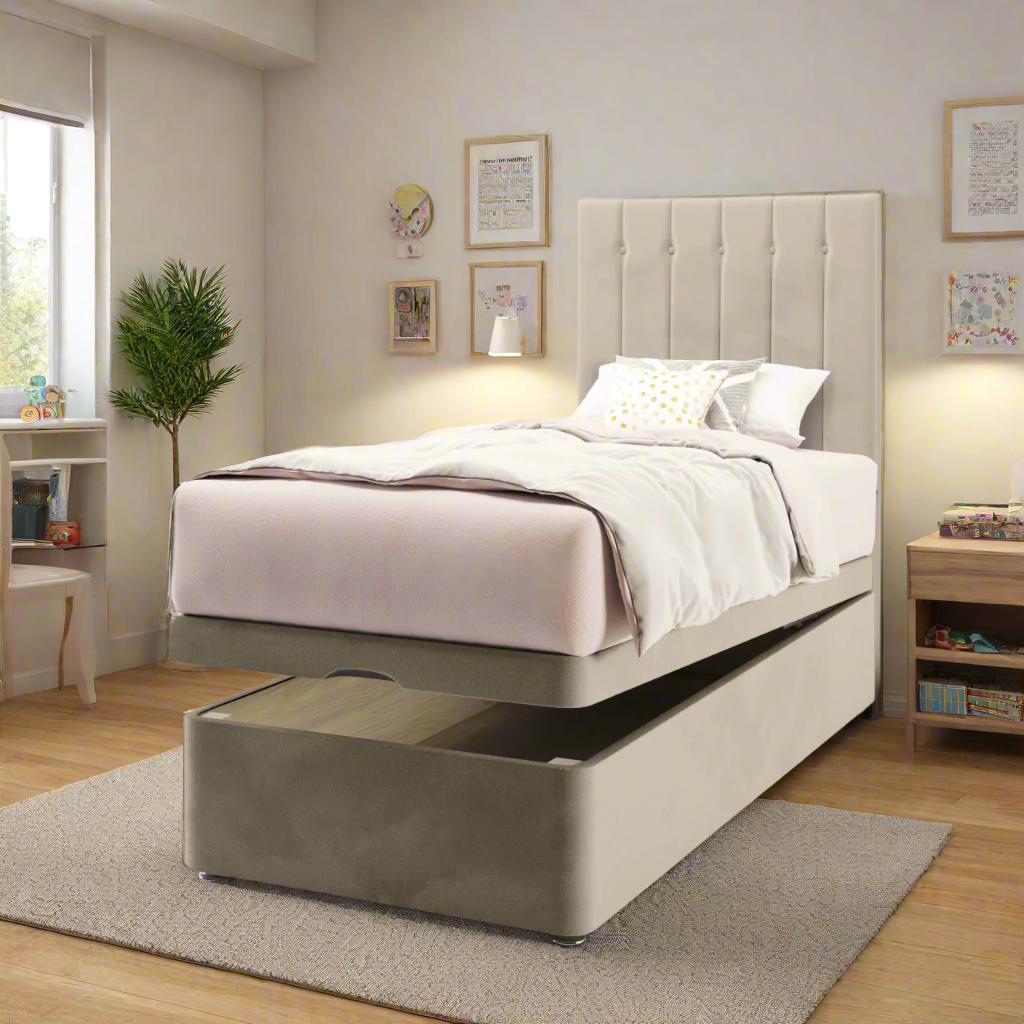 Vertical Panels Buttoned Headboard Ottoman Storage Bed
