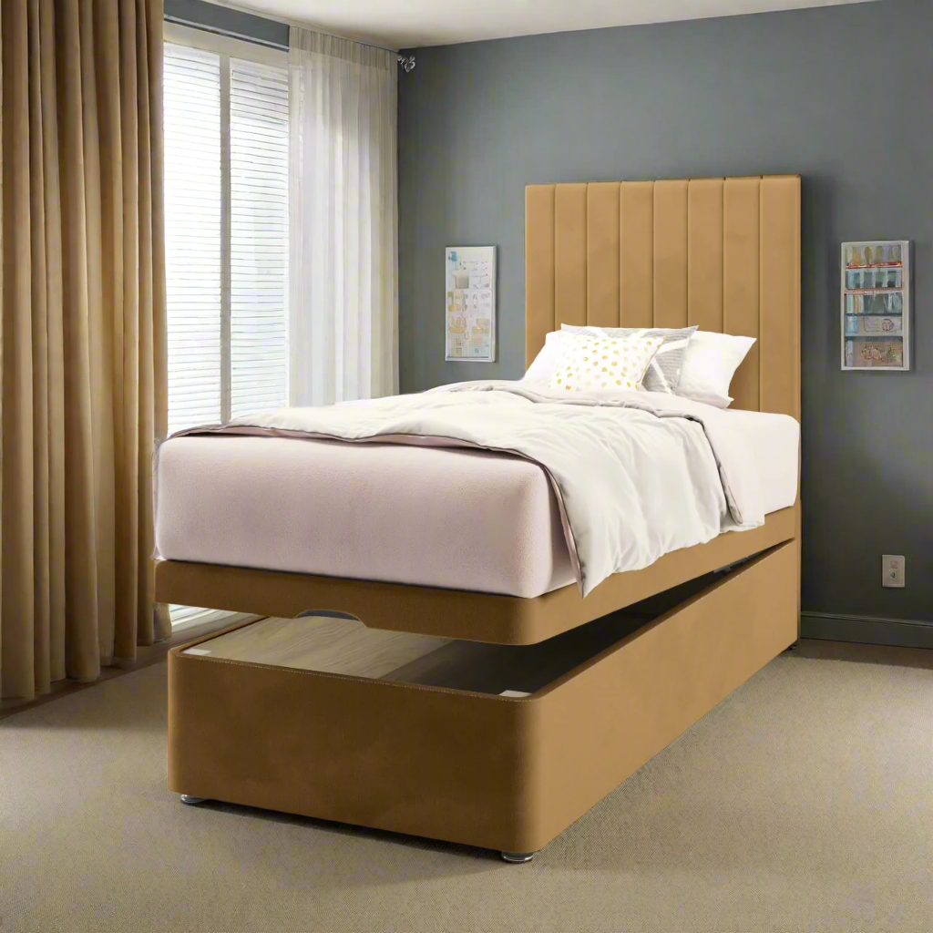 Vertical Panels Fabric Tall Headboard with Ottoman Storage Bed Base & Mattress