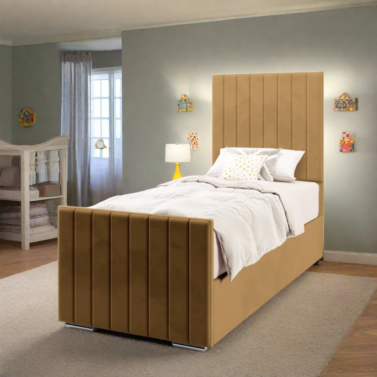 Vertical Panels Fabric Tall Headboard with Ottoman Storage Side Lift Bed & Footend