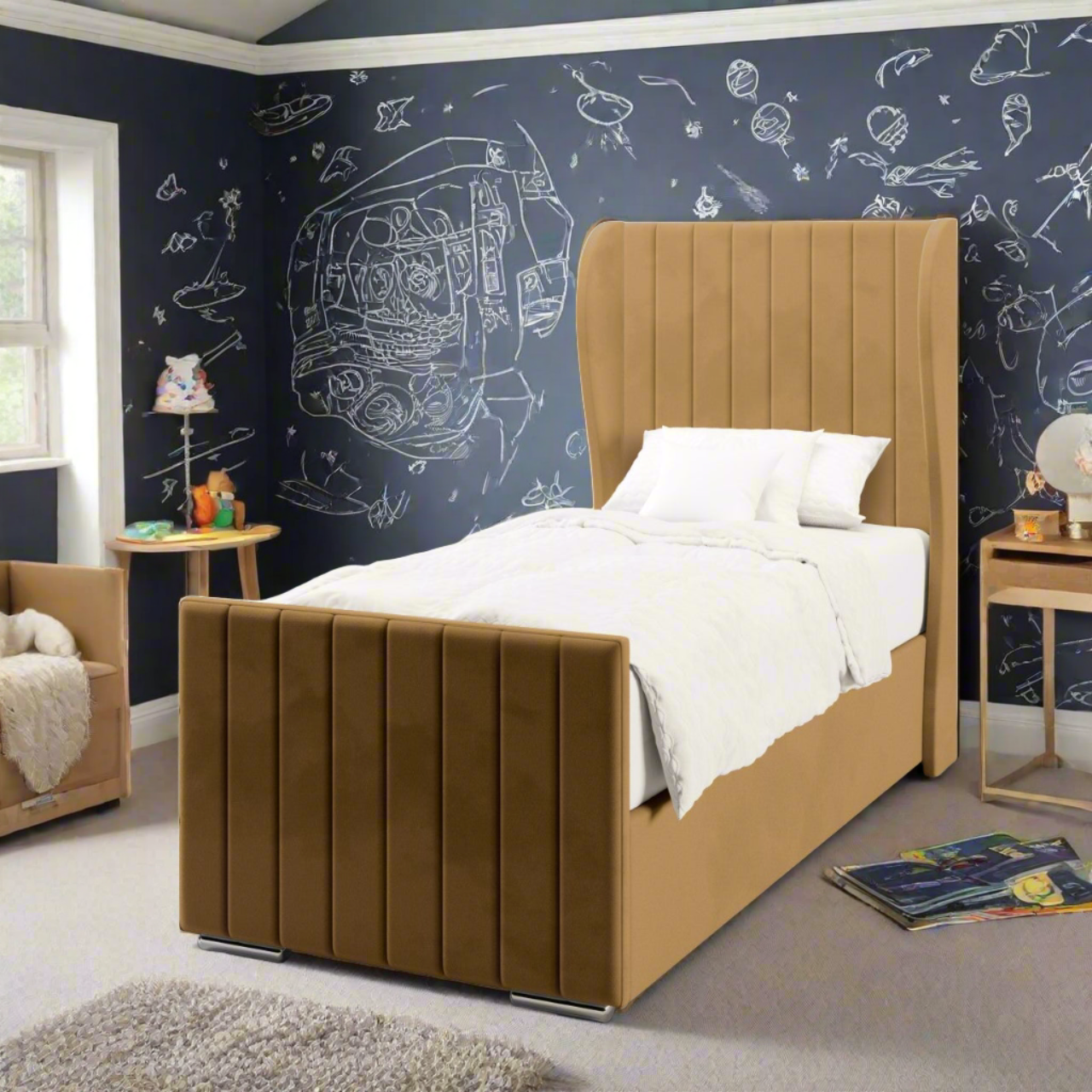 Vertical Panels Fabric Middle Curve Wing Headboard with Ottoman Storage Side Lift Bed & Footend