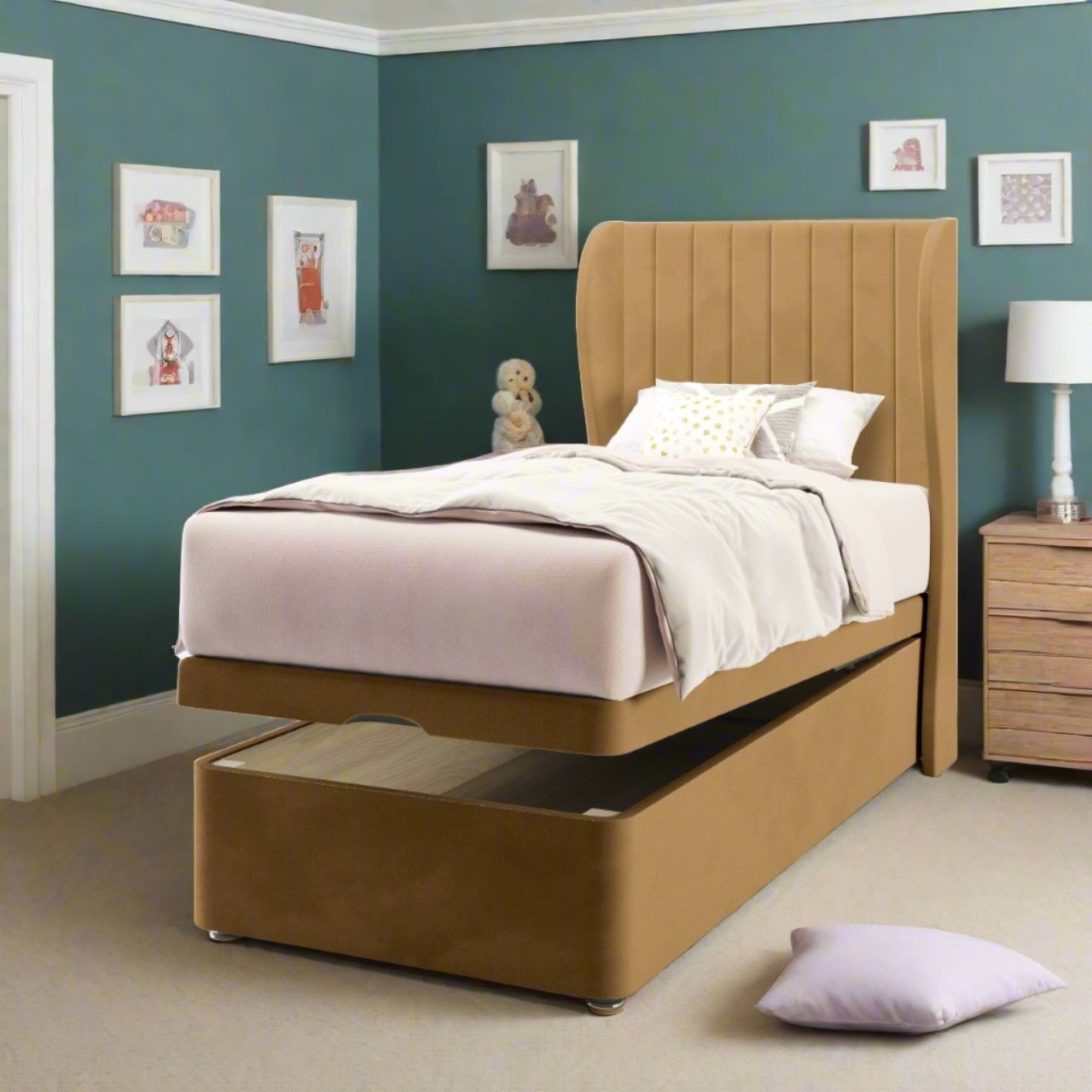 Vertical Panels Fabric Middle Curve Wing Headboard with Ottoman Storage Bed Base & Mattress