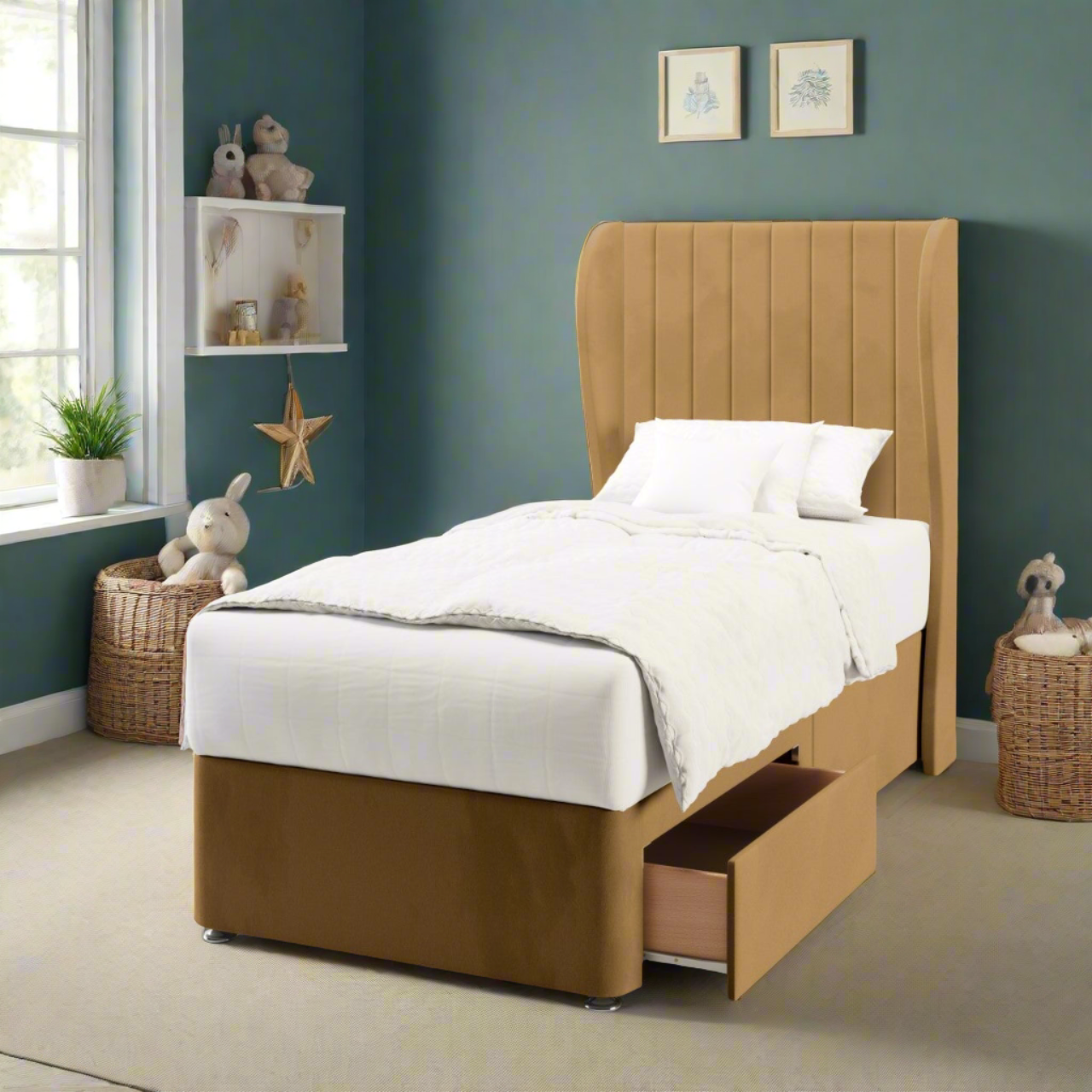 Vertical Panels Fabric Middle Curve Wing Headboard with Divan Bed Base & Mattress