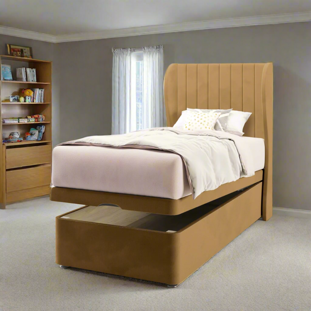 Vertical Panels Fabric Middle Curve Wing Headboard with Ottoman Storage Bed Base & Mattress