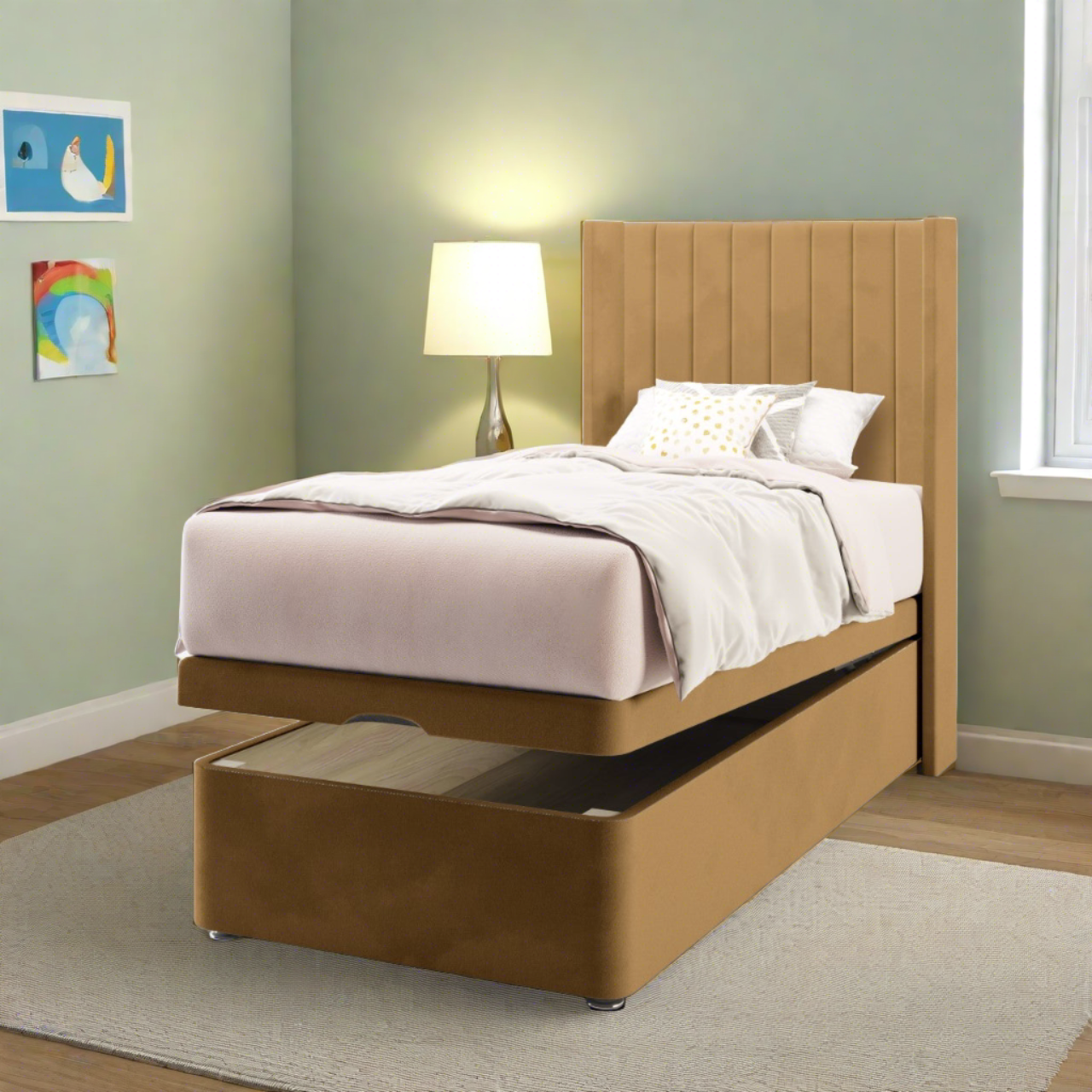 Vertical Panels Fabric Straight Wing Headboard with Ottoman Storage Bed Base & Mattress