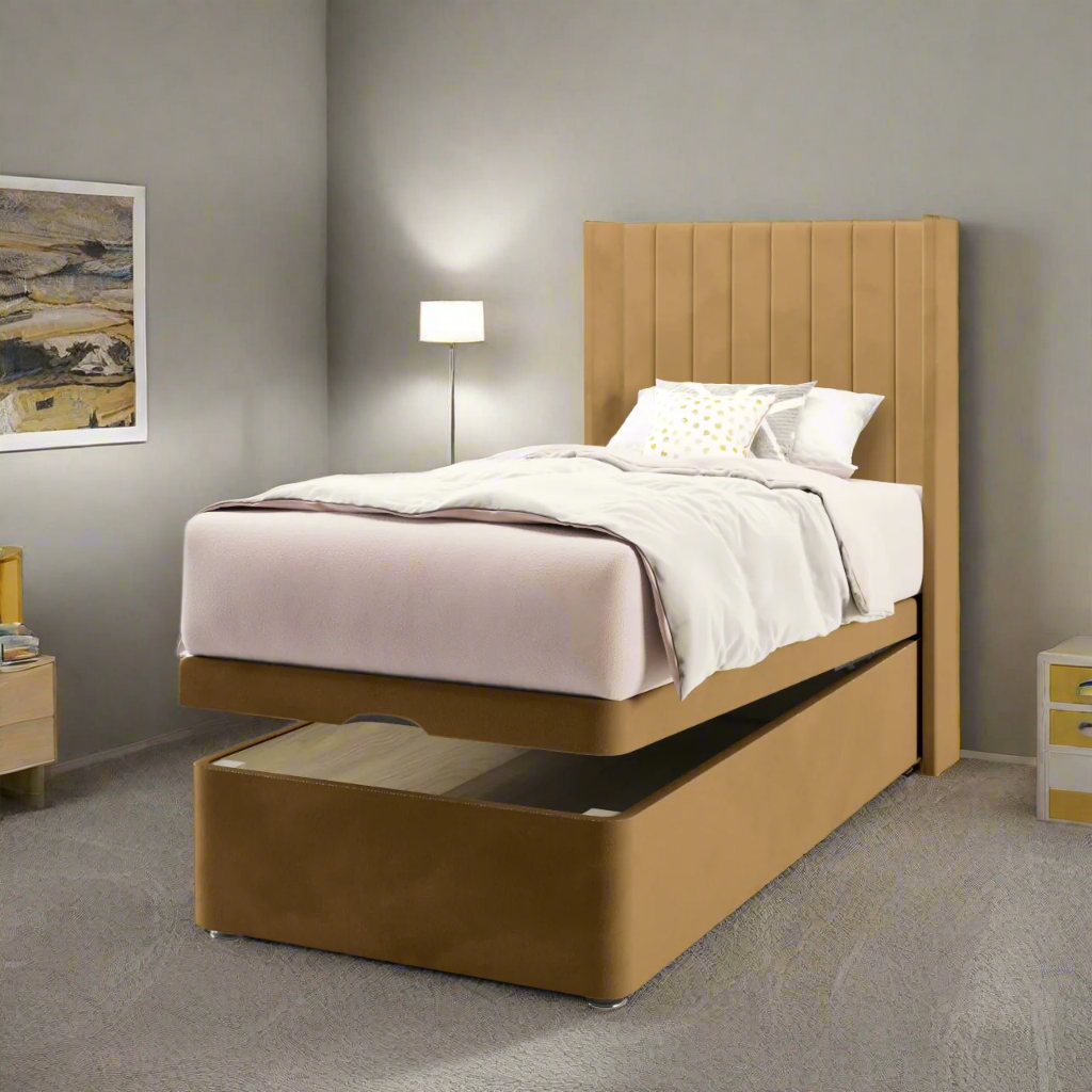 Vertical Panels Fabric Straight Wing Headboard with Ottoman Storage Bed Base & Mattress