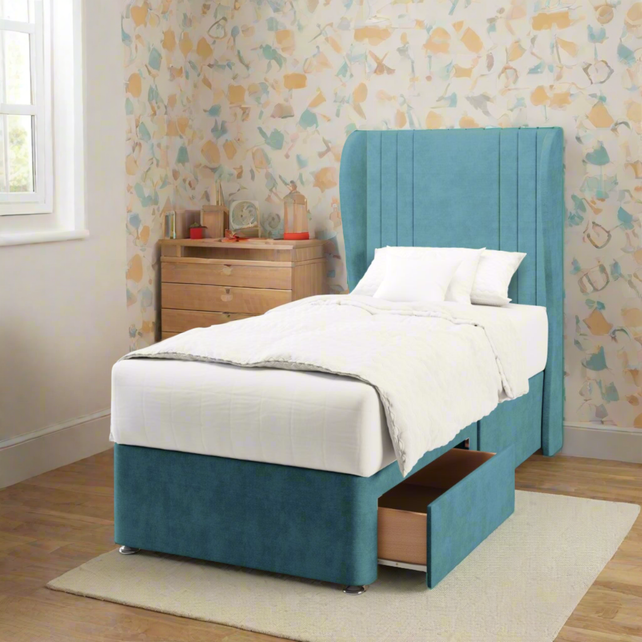 Zien Fabric Middle Curve Wing Headboard with Divan Bed Base & Mattress