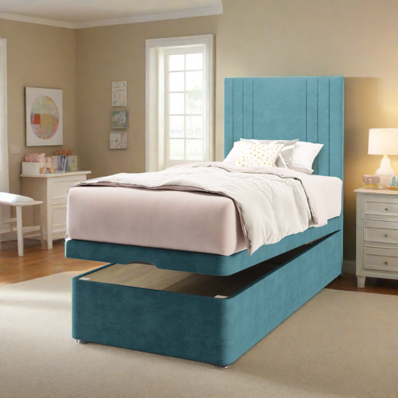 Zien Fabric Tall Headboard with Ottoman Storage Bed Base & Mattress