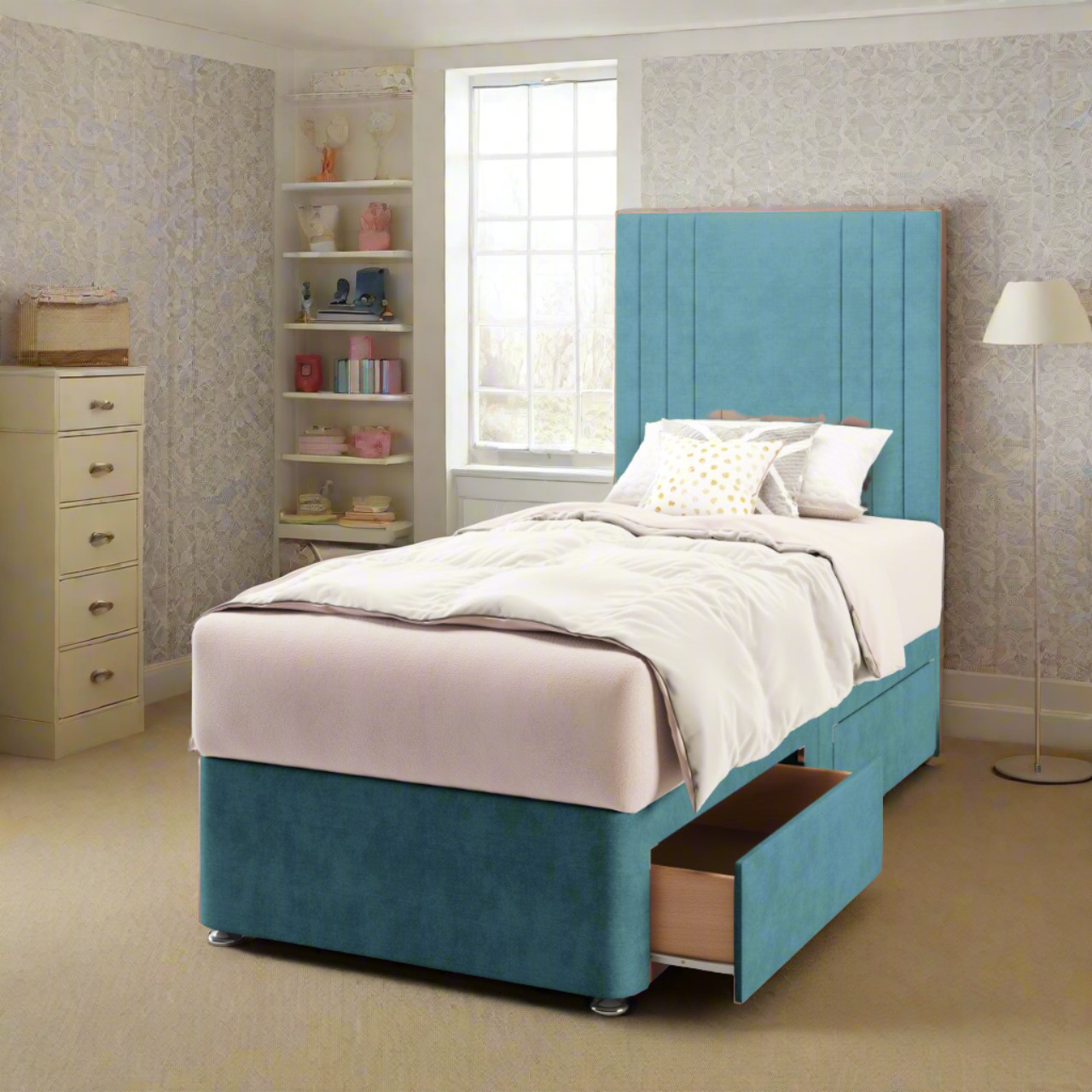 Zien Fabric Tall Headboard with Divan Bed Base & Mattress