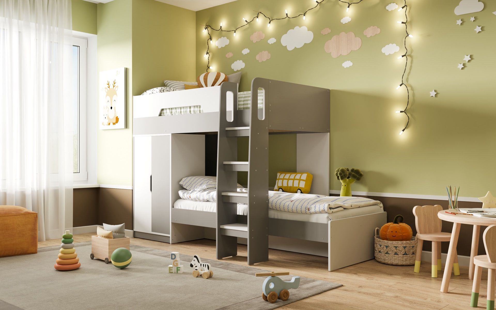 Benito White And Grey Bunk Bed With Wardrobe