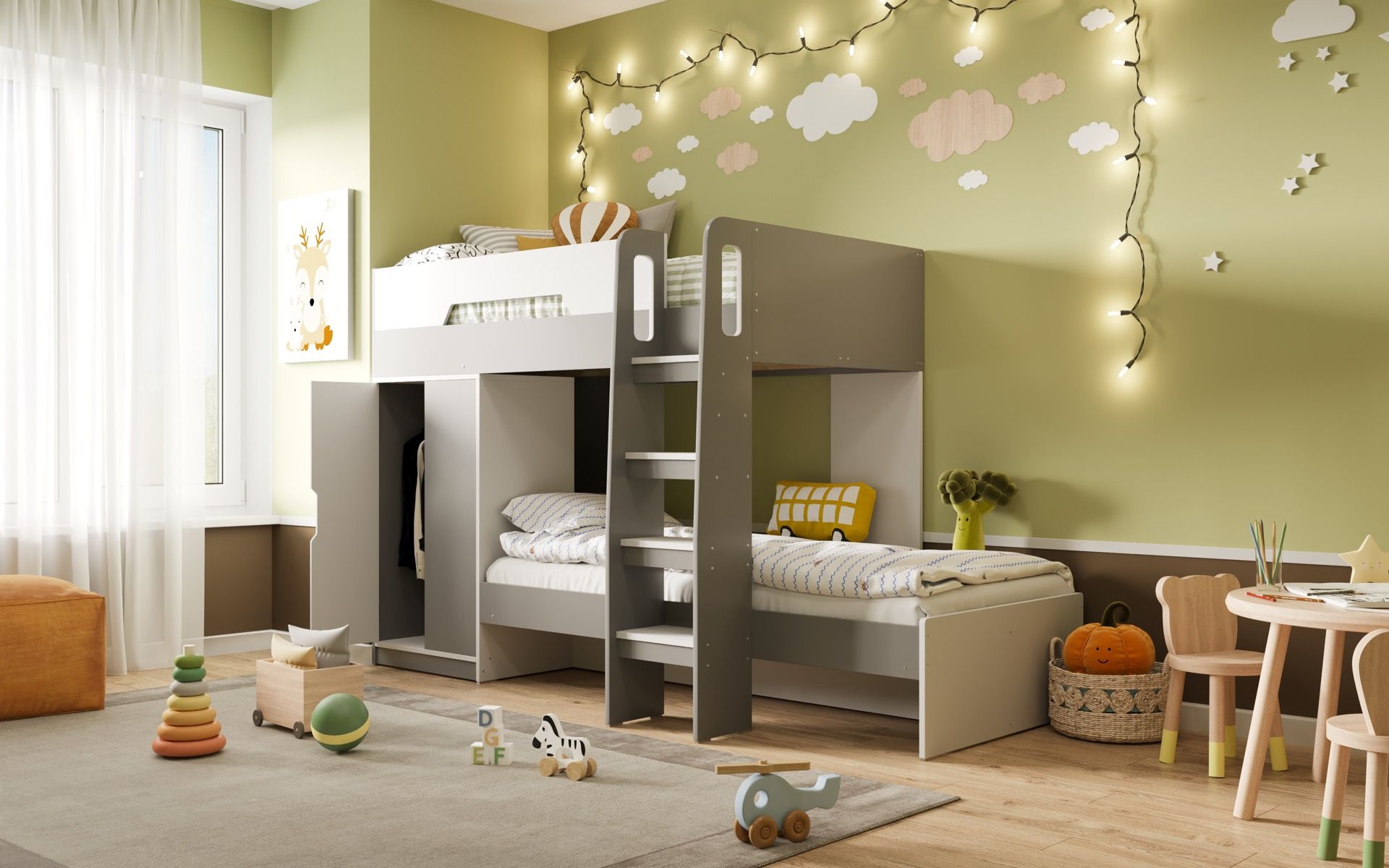 Benito White And Grey Bunk Bed With Wardrobe