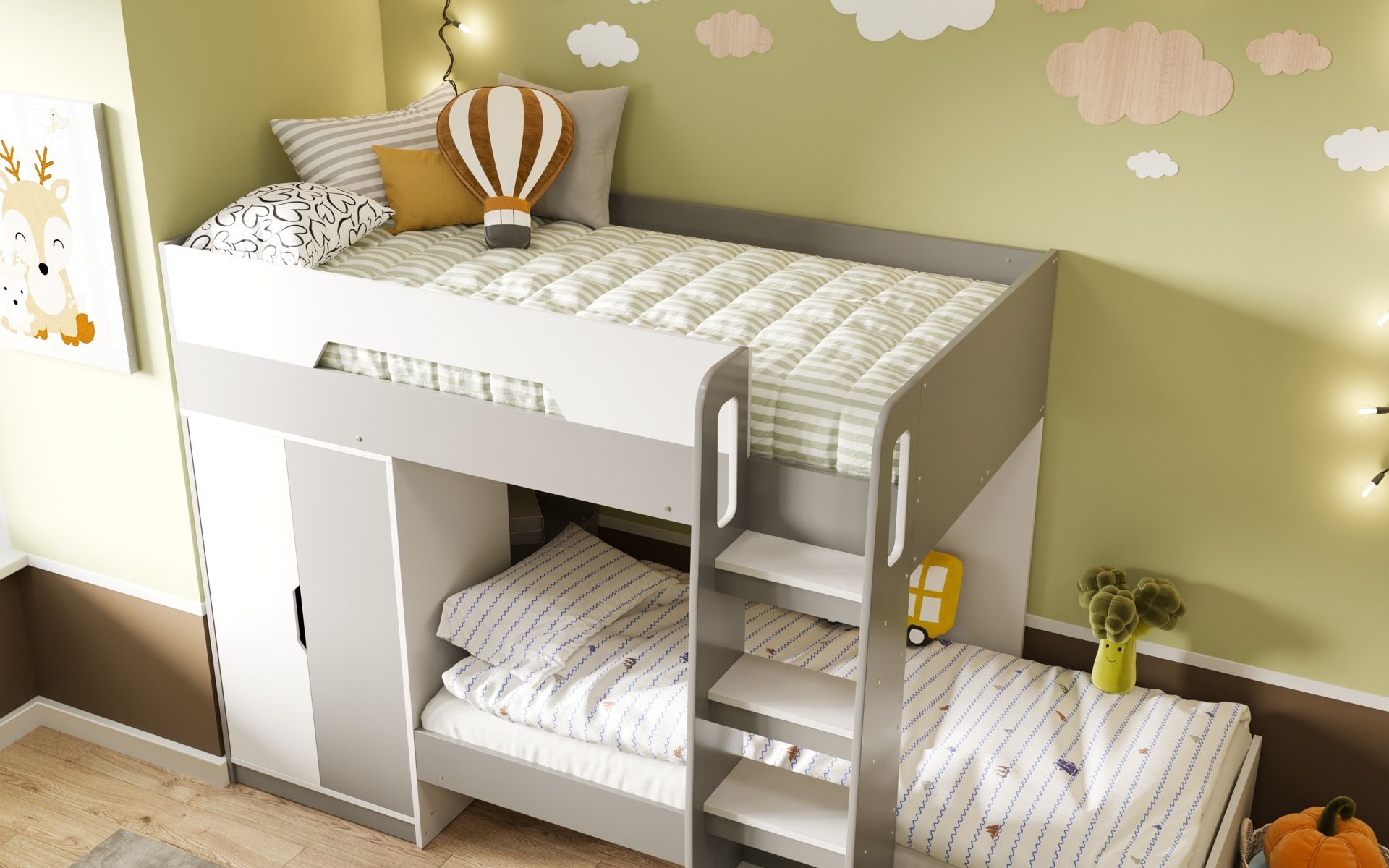 Benito White And Grey Bunk Bed With Wardrobe