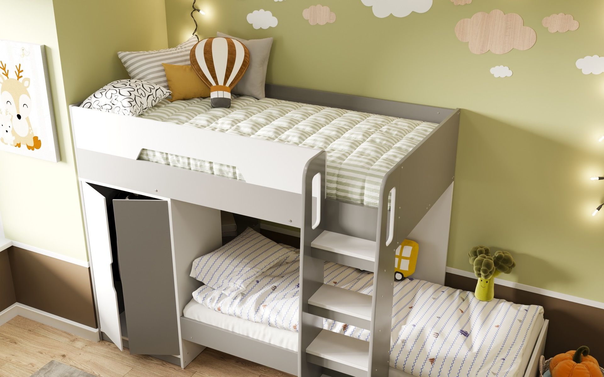 Benito White And Grey Bunk Bed With Wardrobe