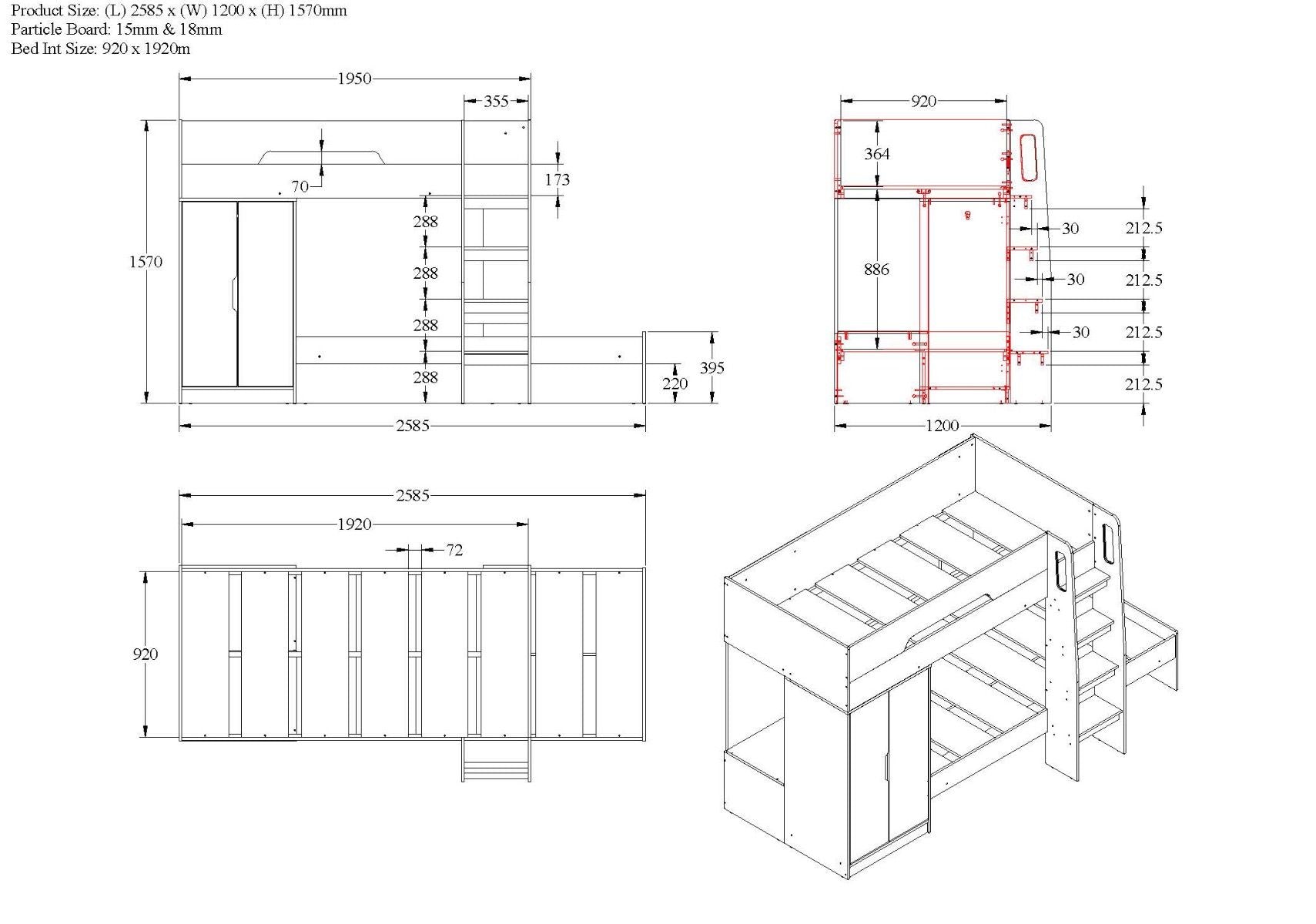 Benito White And Grey Bunk Bed With Wardrobe