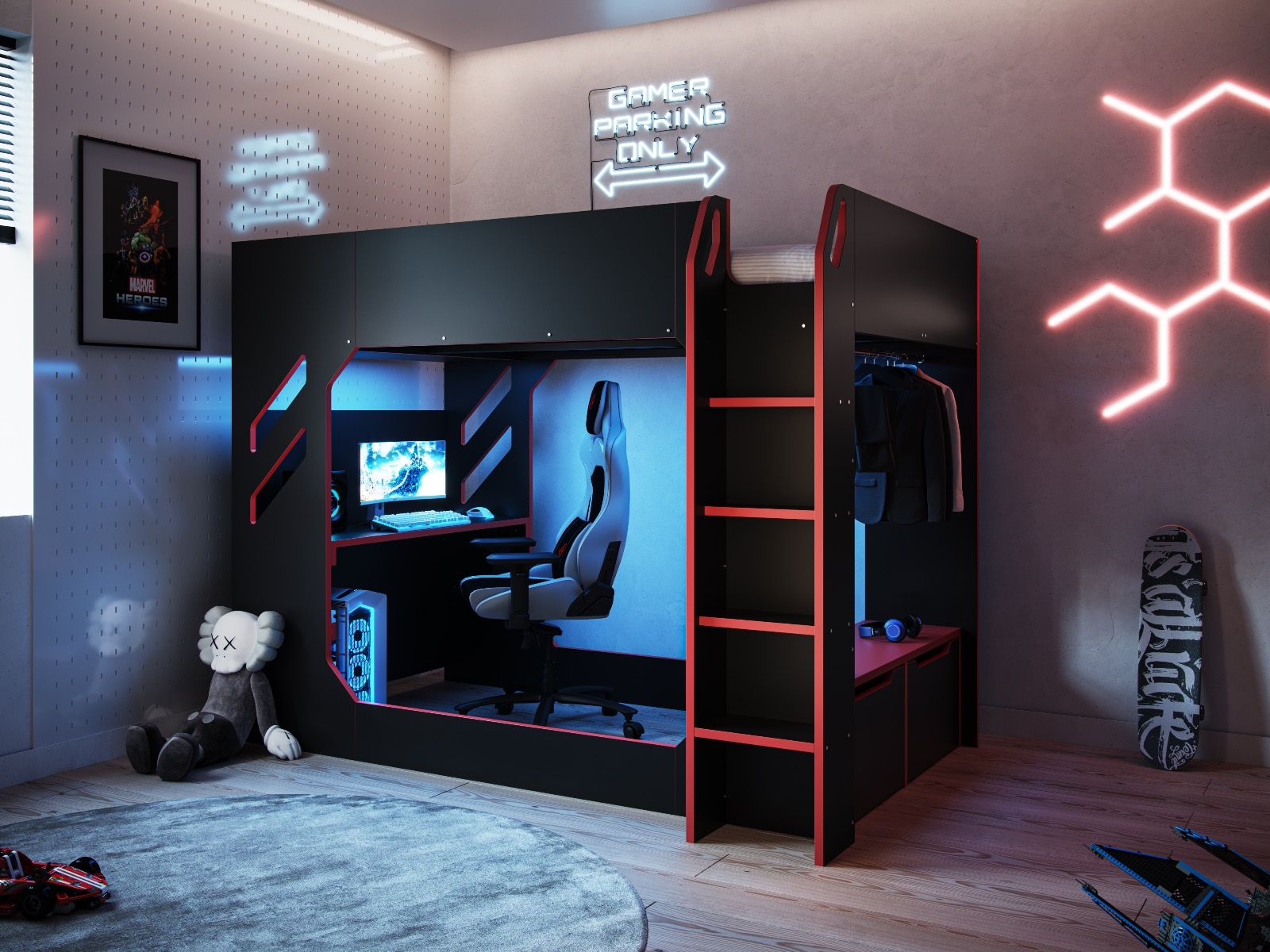 Recoil Shuttle LED Gaming Black High Sleeper Small Double Bed