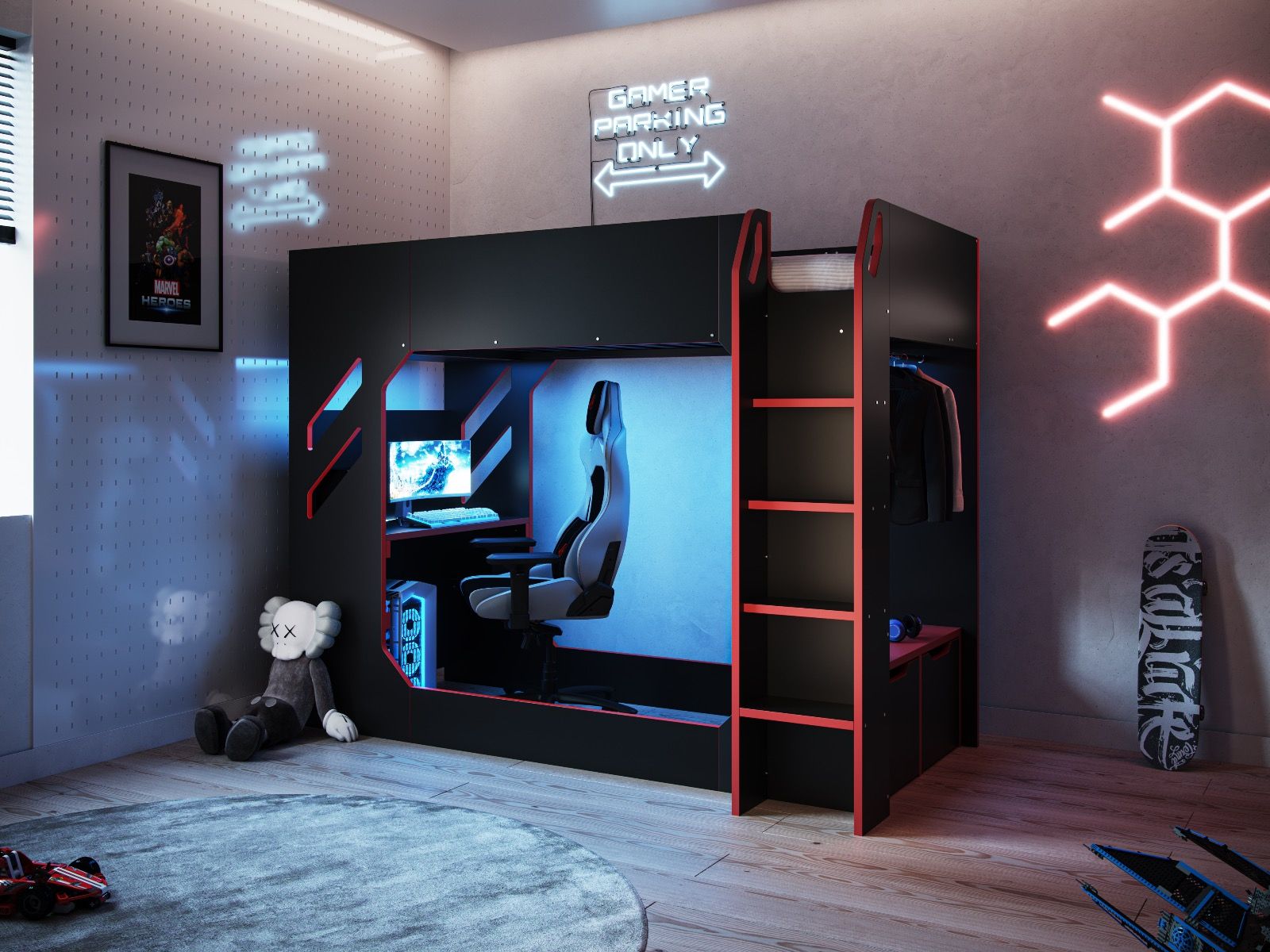 Recoil Shuttle LED Gaming Black High Sleeper Single Bed