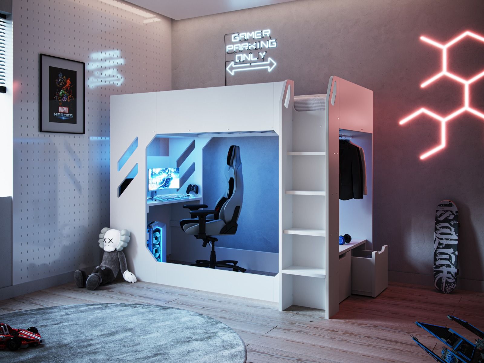 Recoil Shuttle LED Gaming White High Sleeper Single Bed