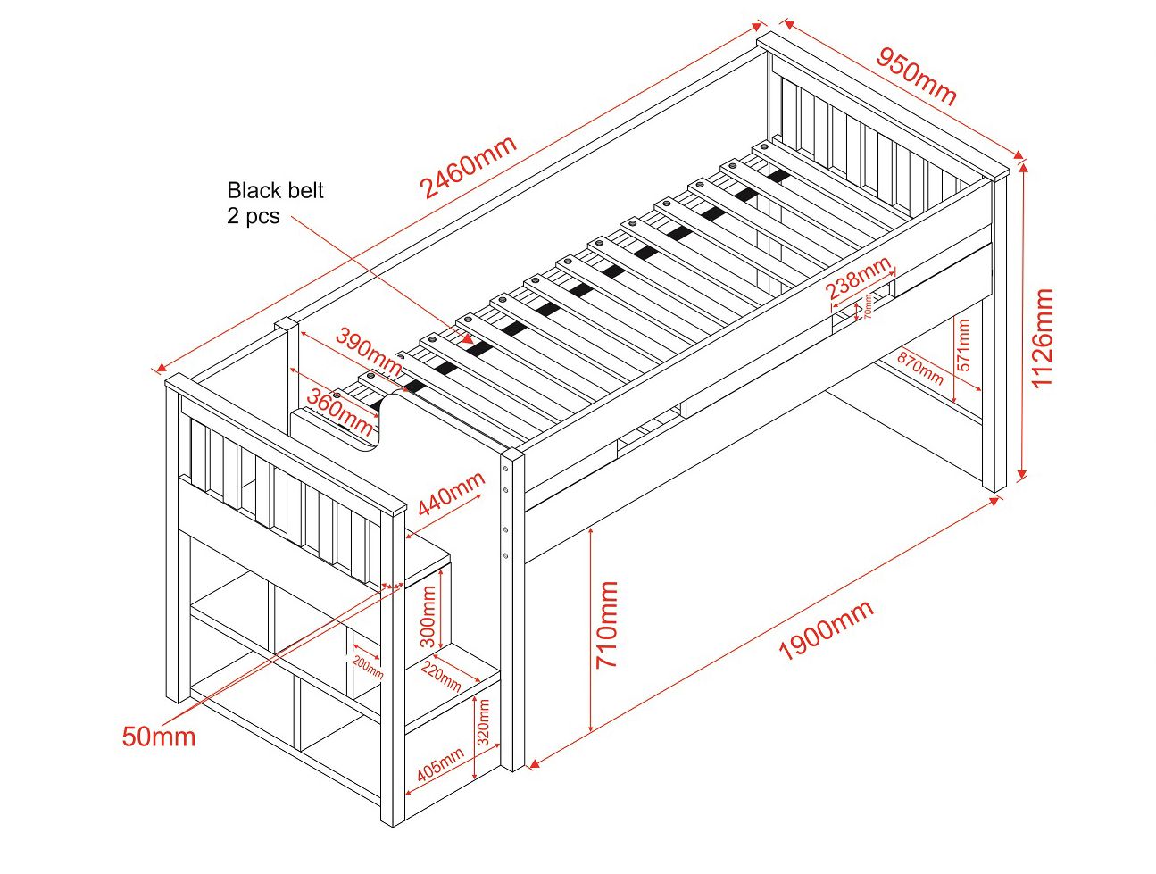 Charlie Staircase Grey Midsleeper Cabin Bed