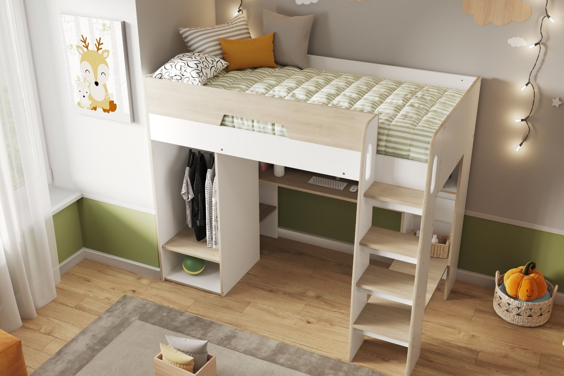 Coco Oak & White High Sleeper Workstation Bed with Wardrobe