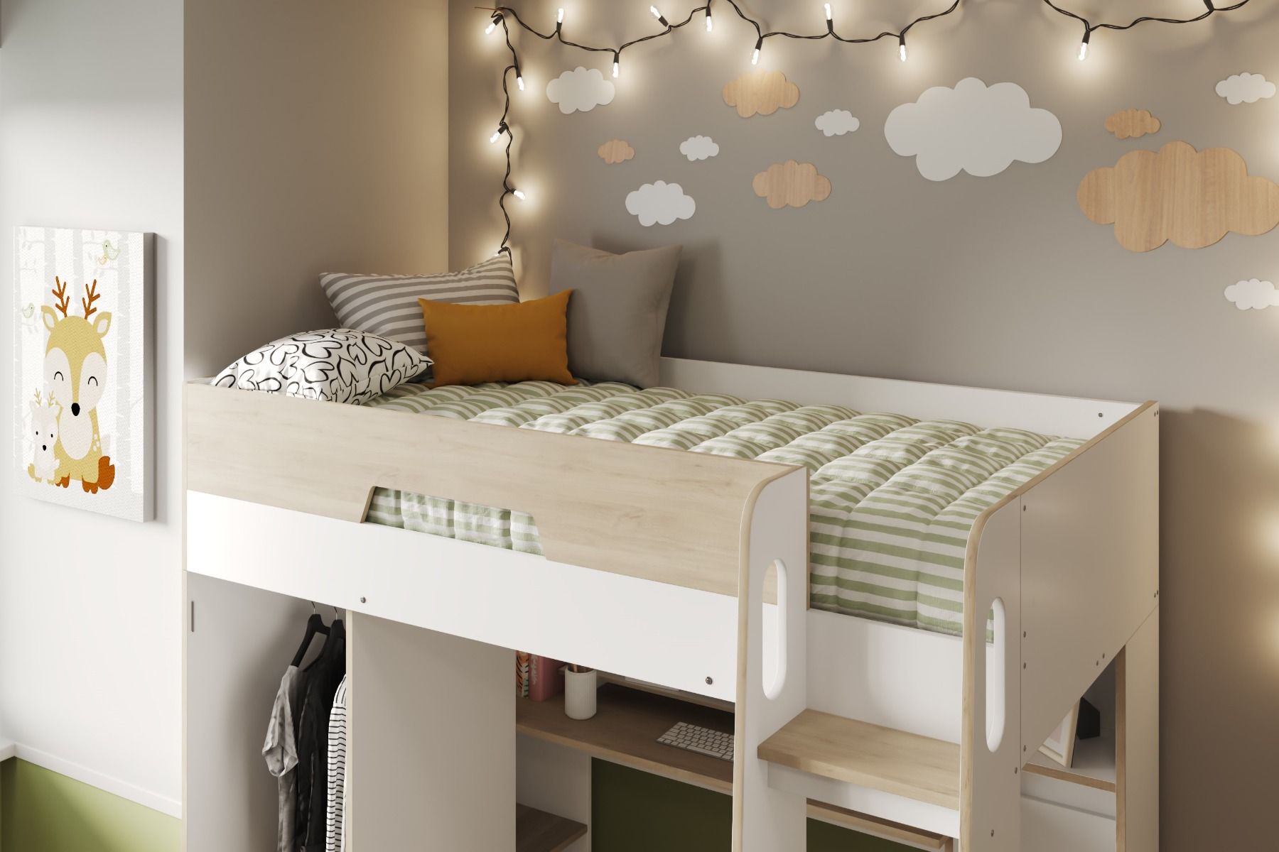 Coco Oak & White High Sleeper Workstation Bed with Wardrobe