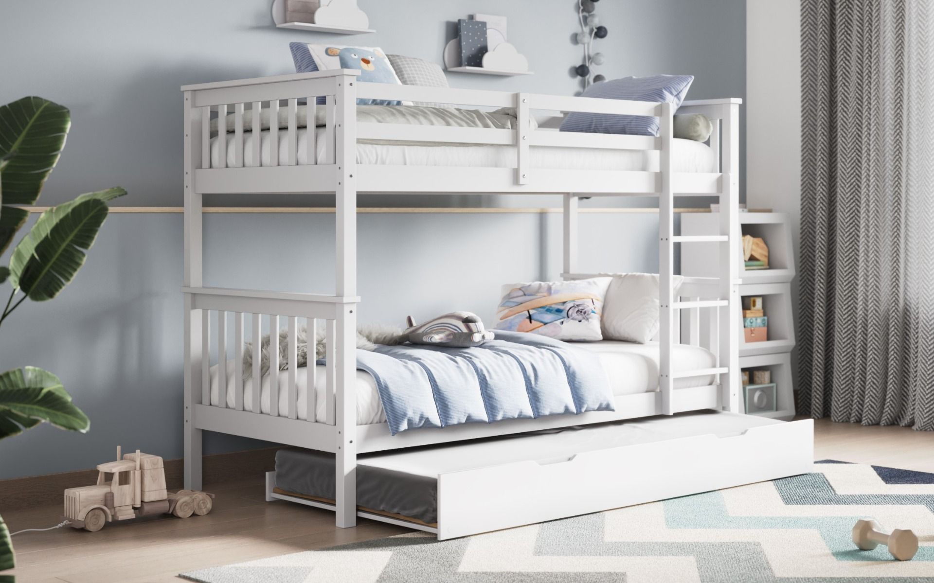 Zoom Wooden White Detachable Bunk Bed with Trundle