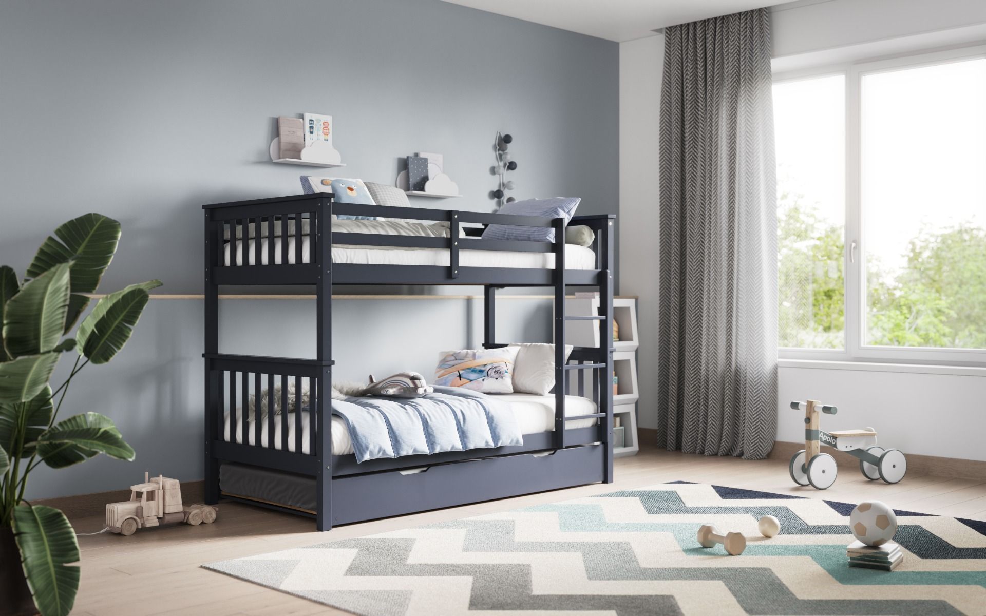 Zoom Wooden Grey Detachable Bunk Bed with Trundle