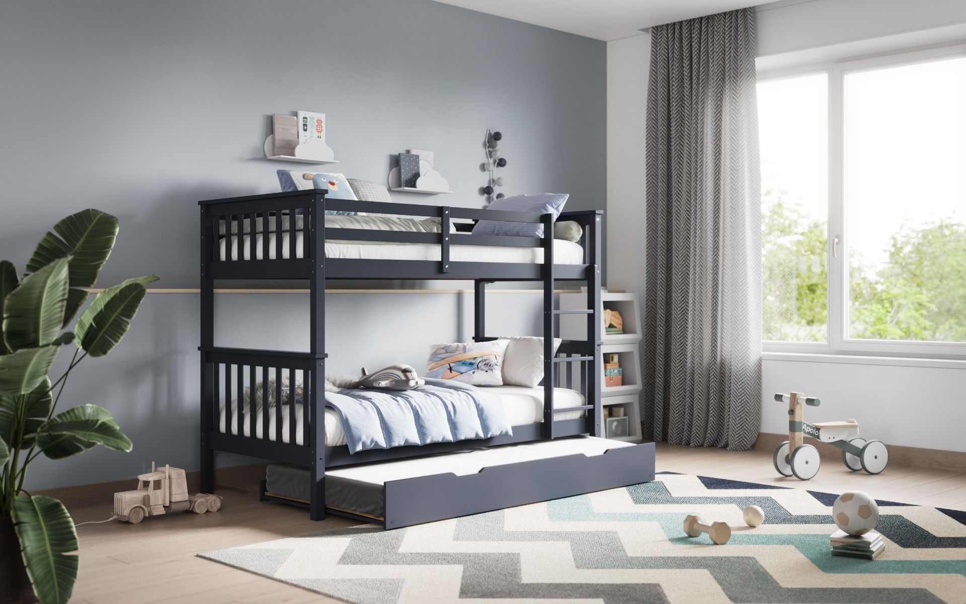 Zoom Wooden Grey Detachable Bunk Bed with Trundle