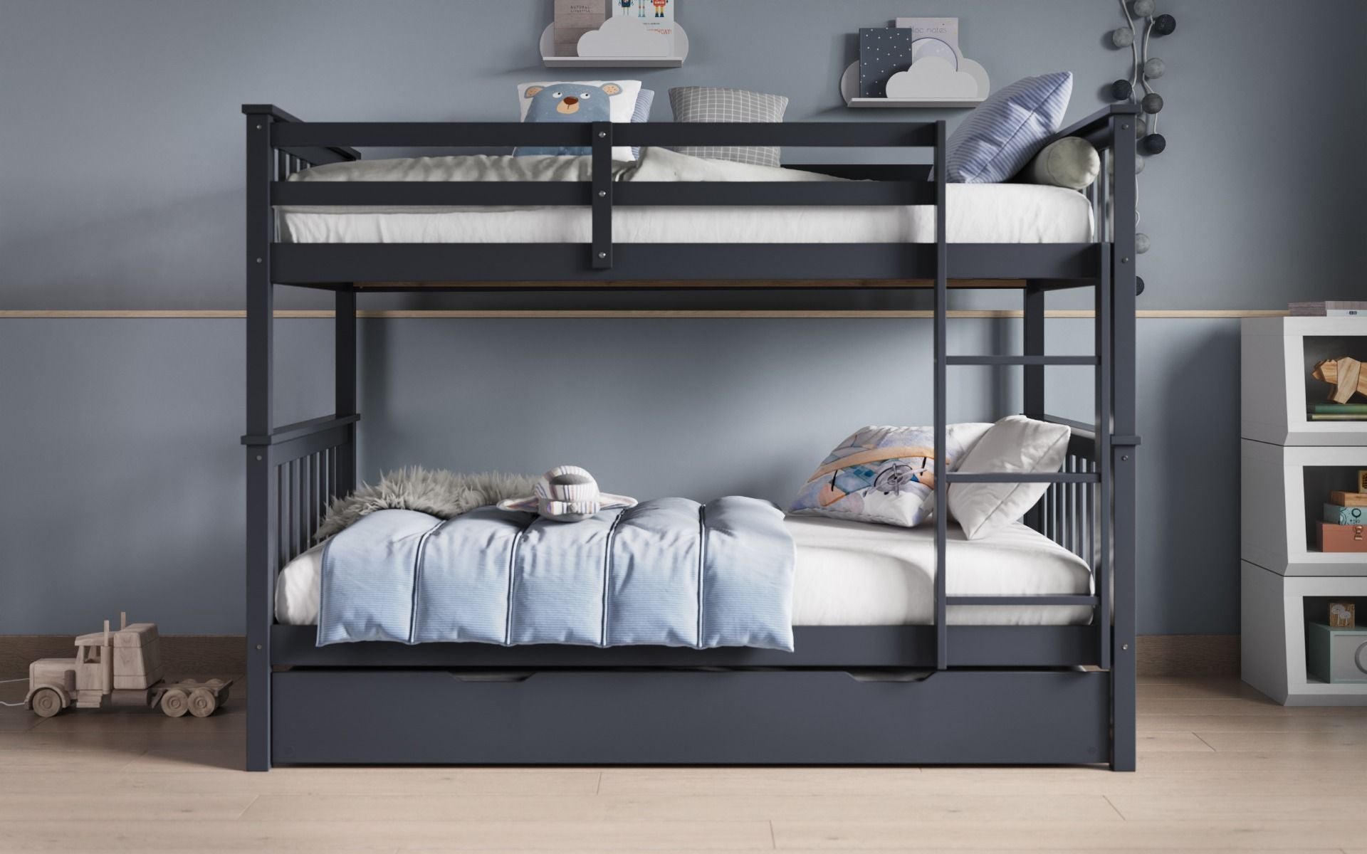 Zoom Wooden Grey Detachable Bunk Bed with Trundle