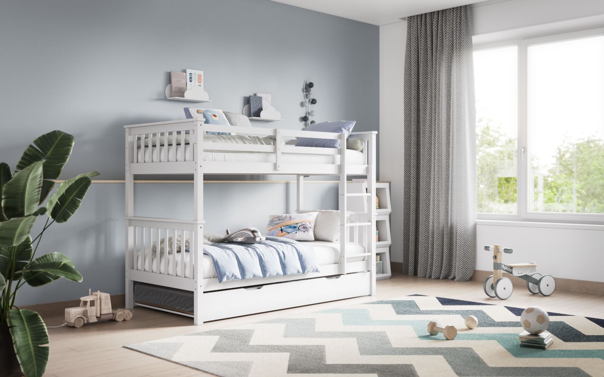 Zoom Wooden White Detachable Bunk Bed with Trundle