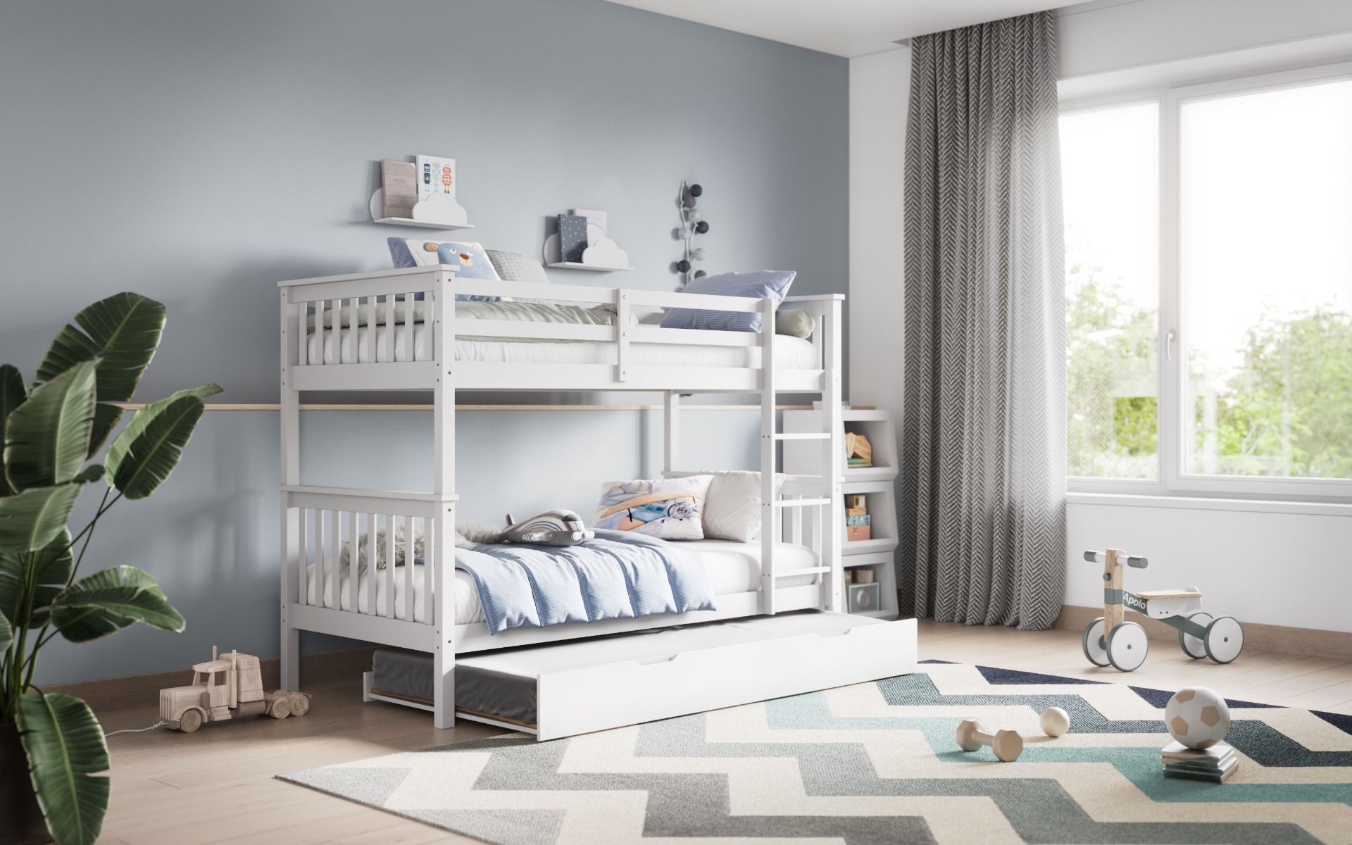 Zoom Wooden White Detachable Bunk Bed with Trundle