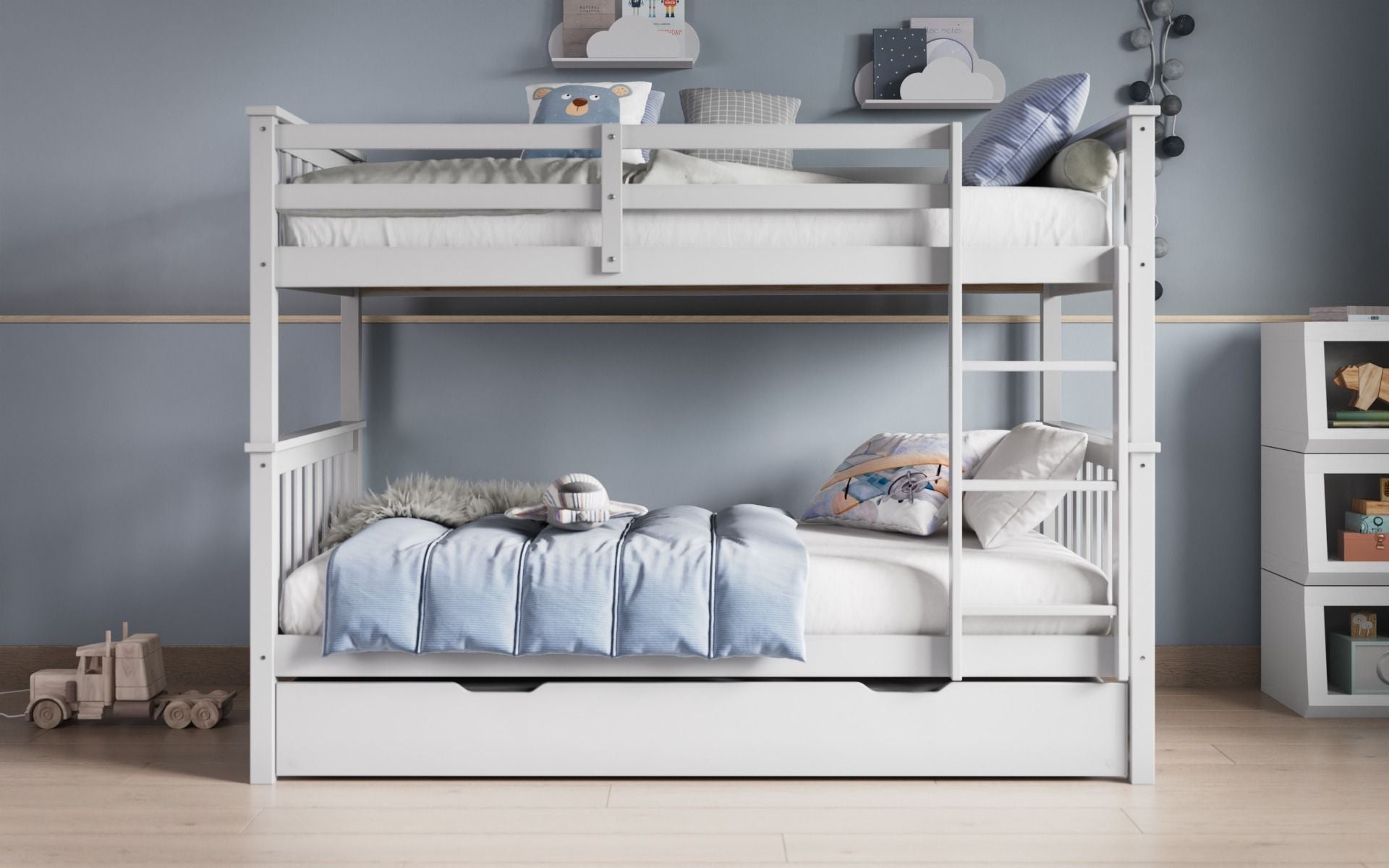 Zoom Wooden White Detachable Bunk Bed with Trundle