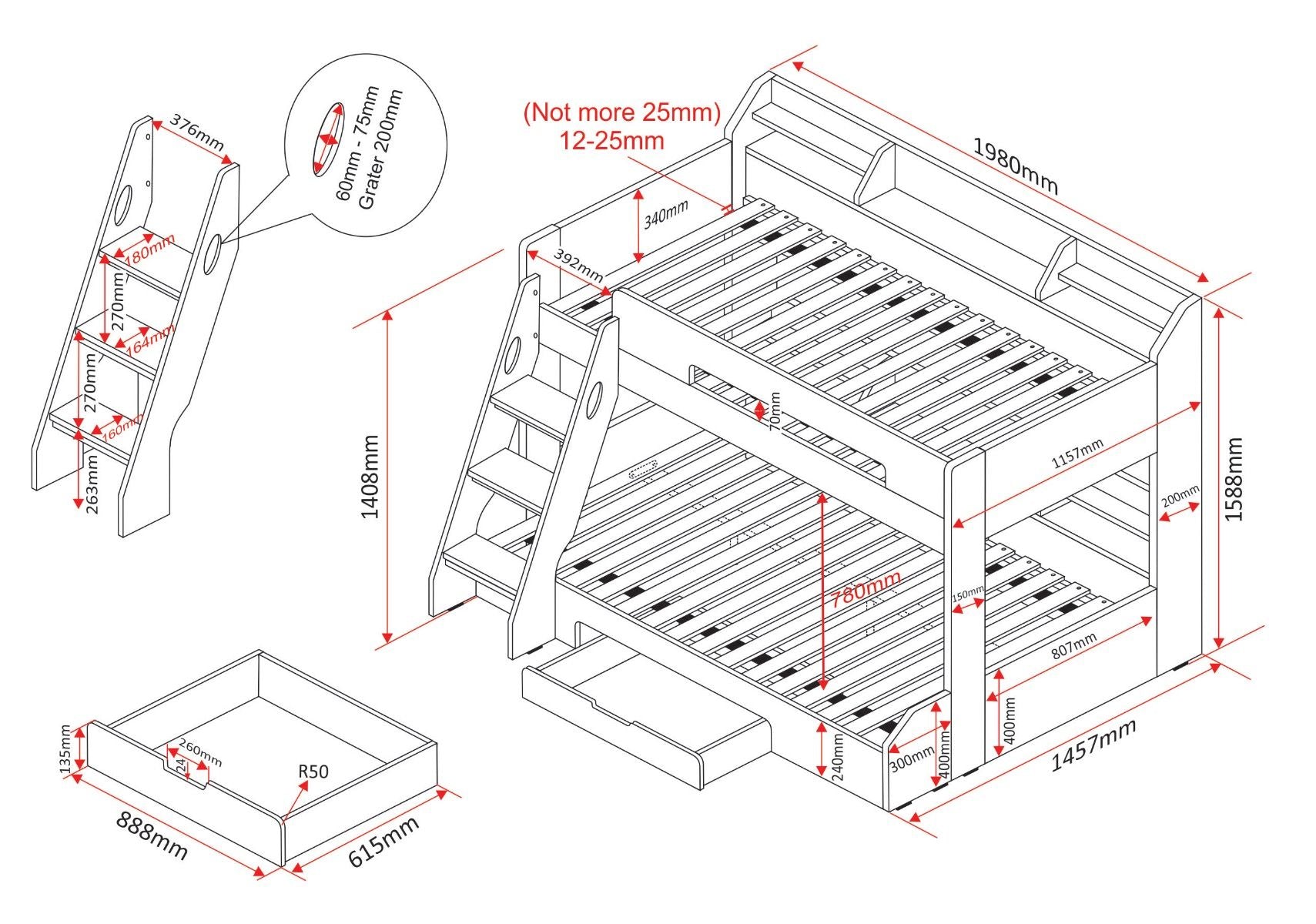 Flick Grey Triple Bunk Bed with Storage