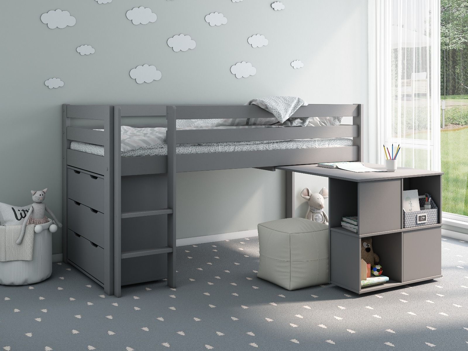 Noomi Nora Solid Wood Grey Midsleeper Bed Frame