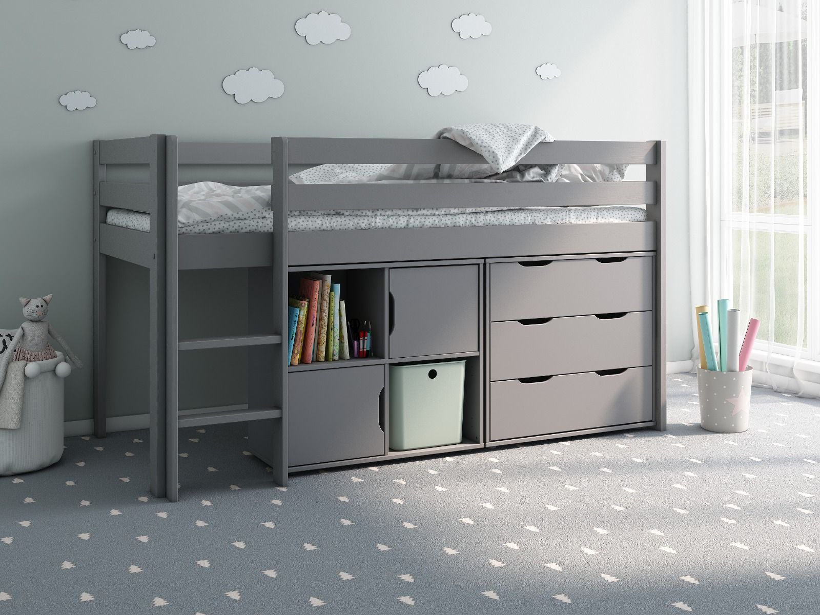 Noomi Nora Solid Wood Grey Midsleeper Bed Frame