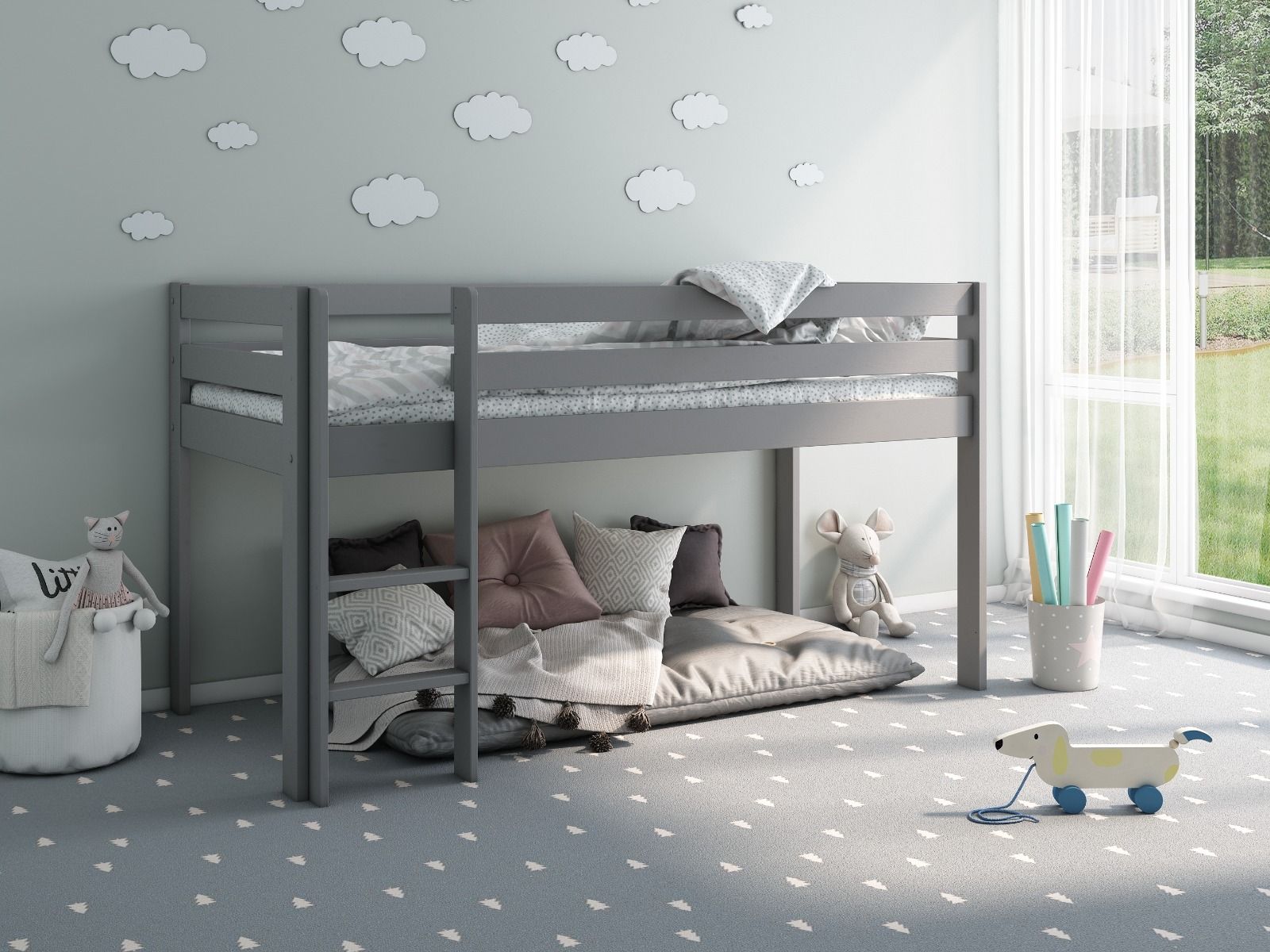 Noomi Nora Solid Wood Grey Midsleeper Bed Frame