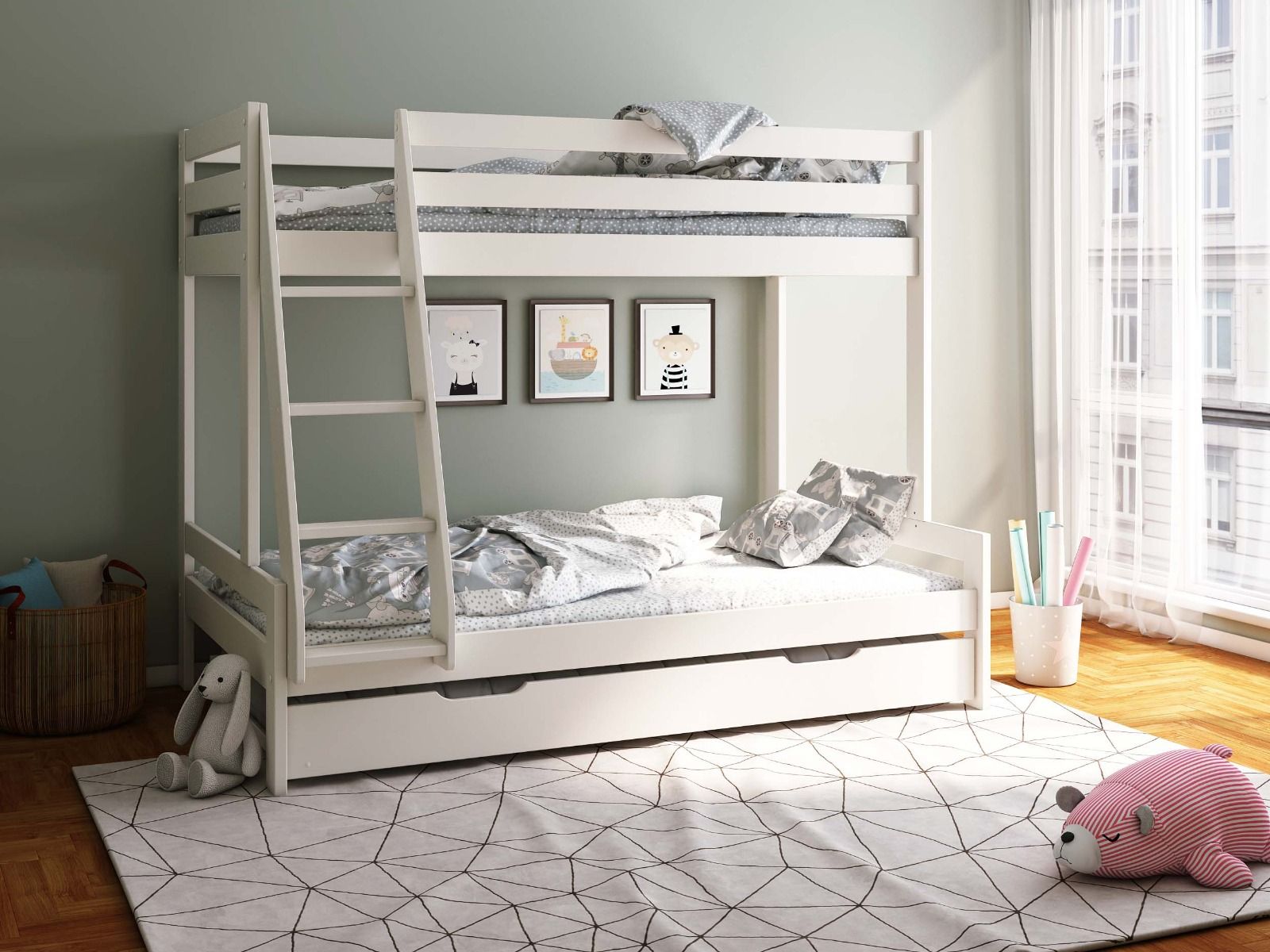 Noomi Nora Solid Wood White Triple Bunk Bed with Storage