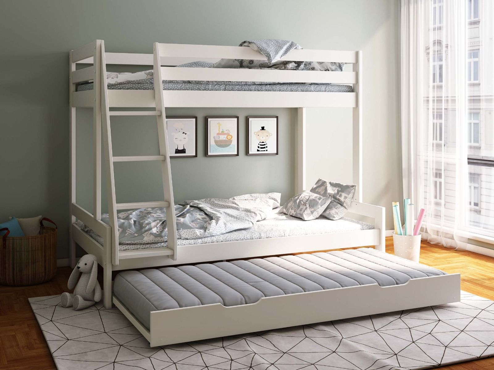 Noomi Nora Solid Wood White Triple Bunk Bed with Storage