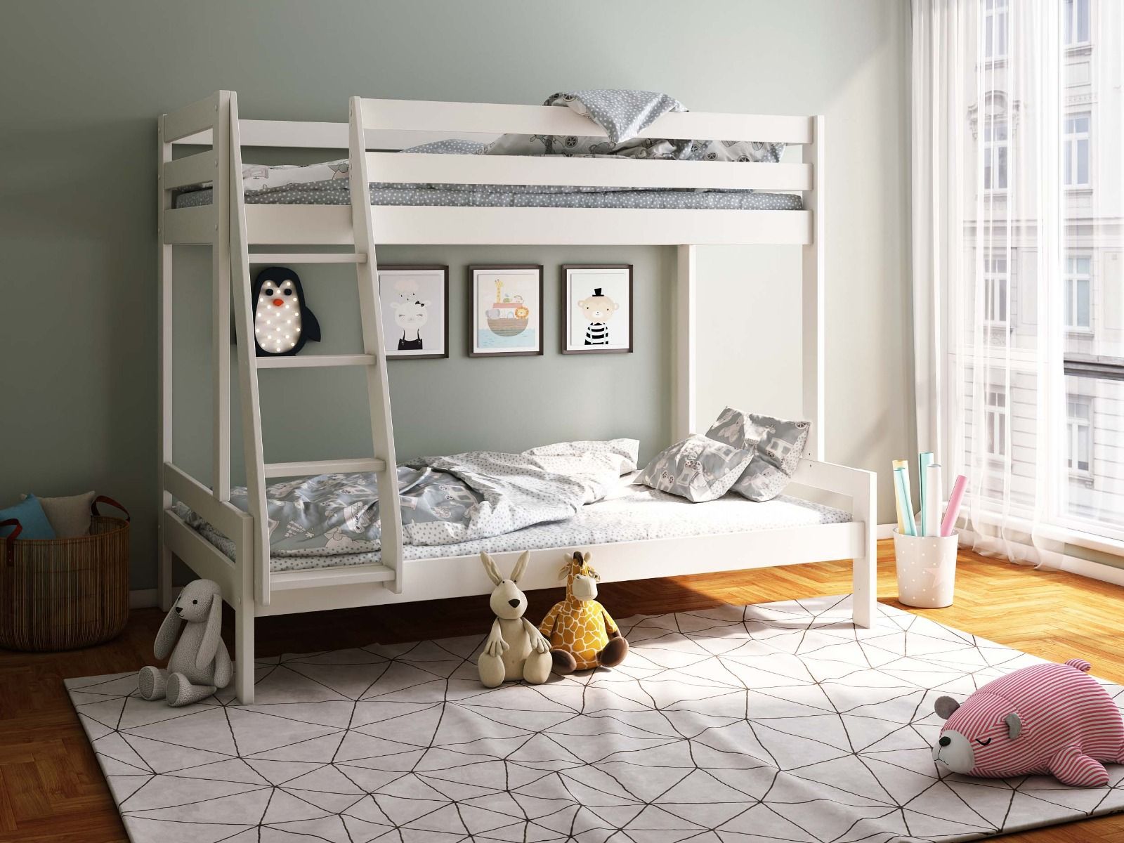 Noomi Nora Solid Wood White Triple Bunk Bed with Storage