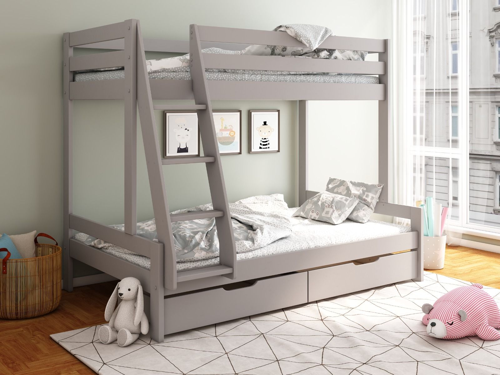 Noomi Nora Solid Wood Grey Triple Bunk Bed with Storage