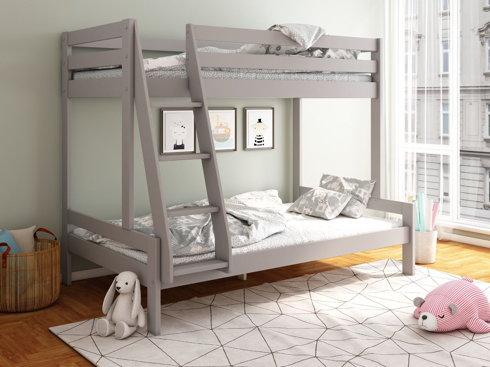 Noomi Nora Solid Wood Grey Triple Bunk Bed with Storage