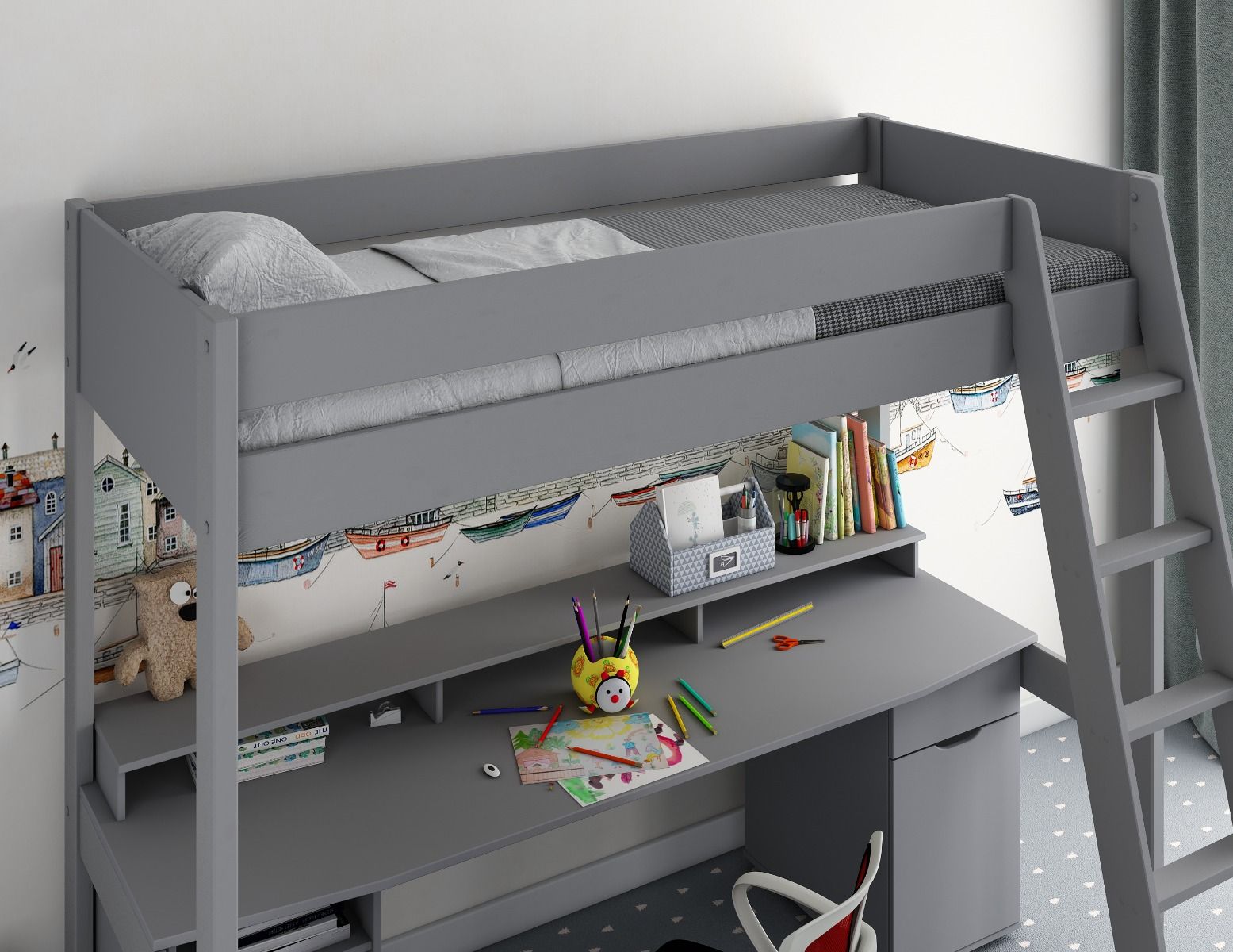 Noomi Tera Solid Wood Grey Gaming High Sleeper Bed