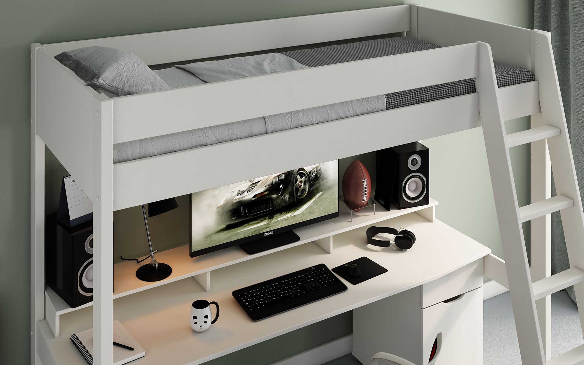 Noomi Tera Solid Wood White Gaming High Sleeper Bed