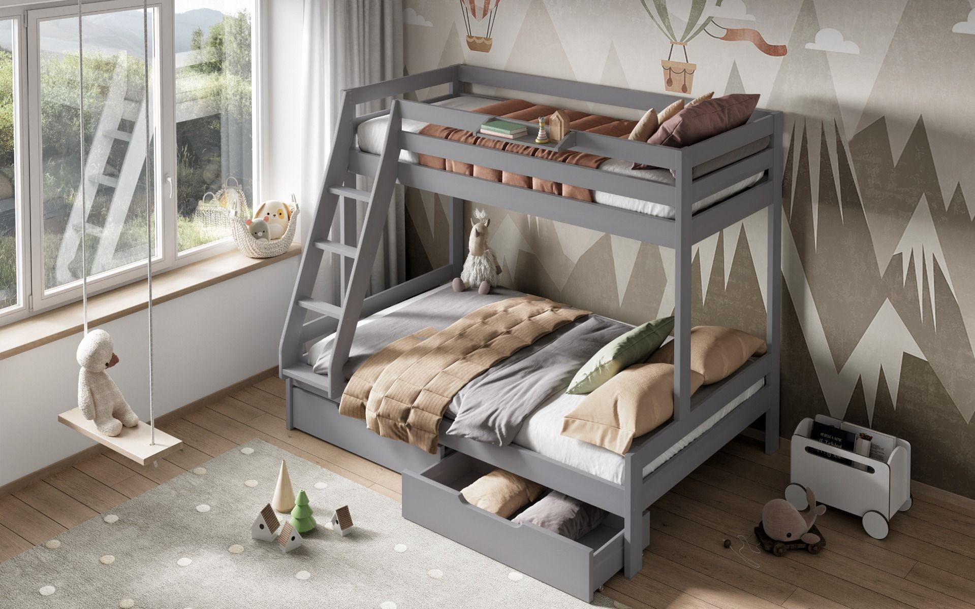 Noomi Nora Solid Wood Grey Triple Bunk Bed with Storage