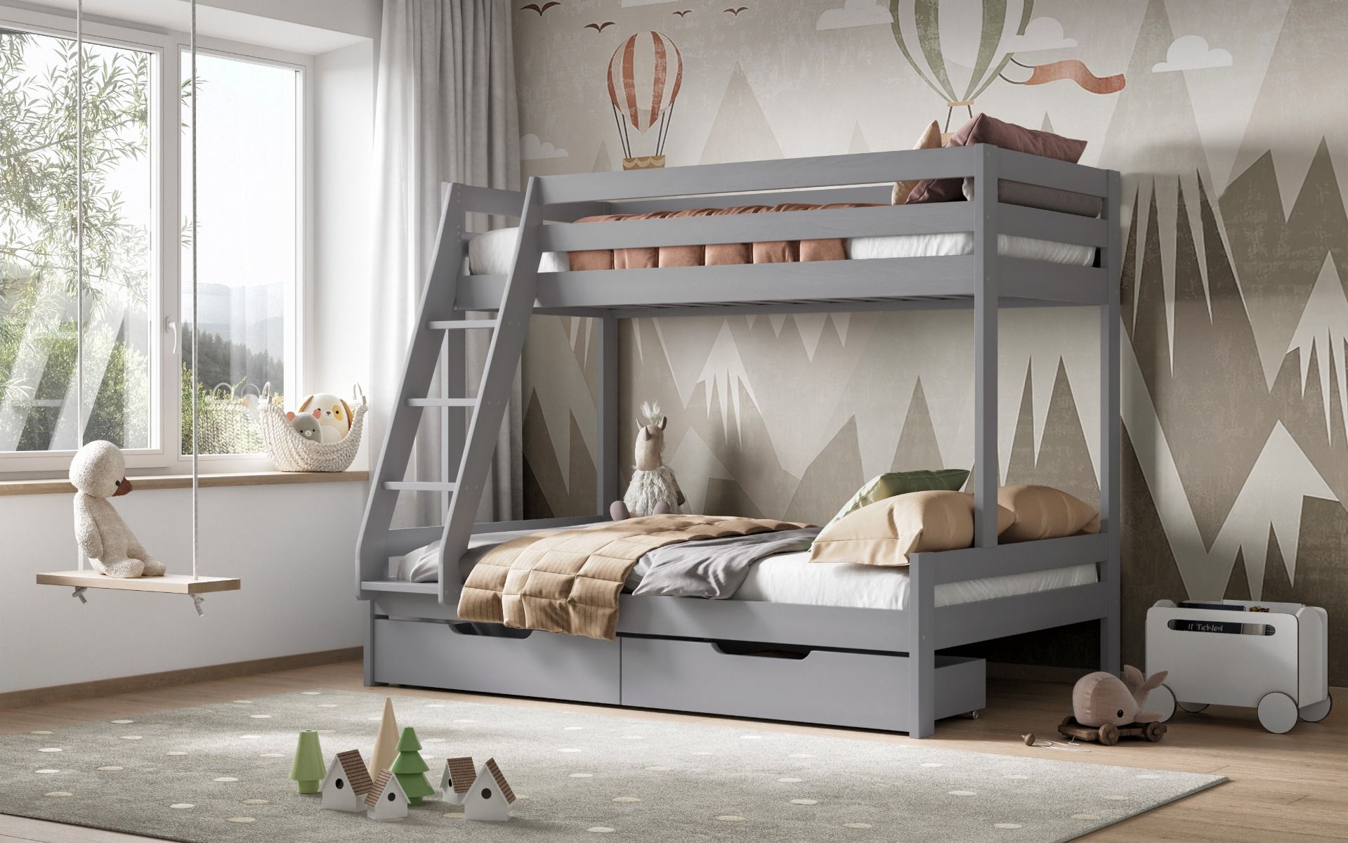 Noomi Nora Solid Wood Grey Triple Bunk Bed with Storage