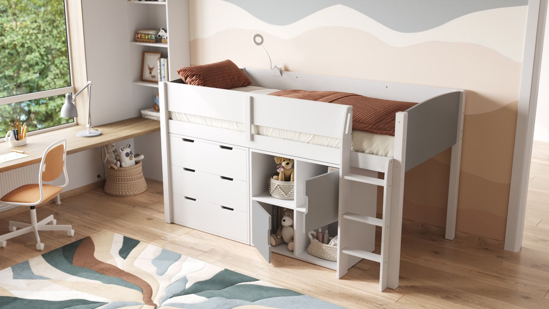 Loop Wooden Midsleeper Grey Cabin Bed Storage Set with Doors