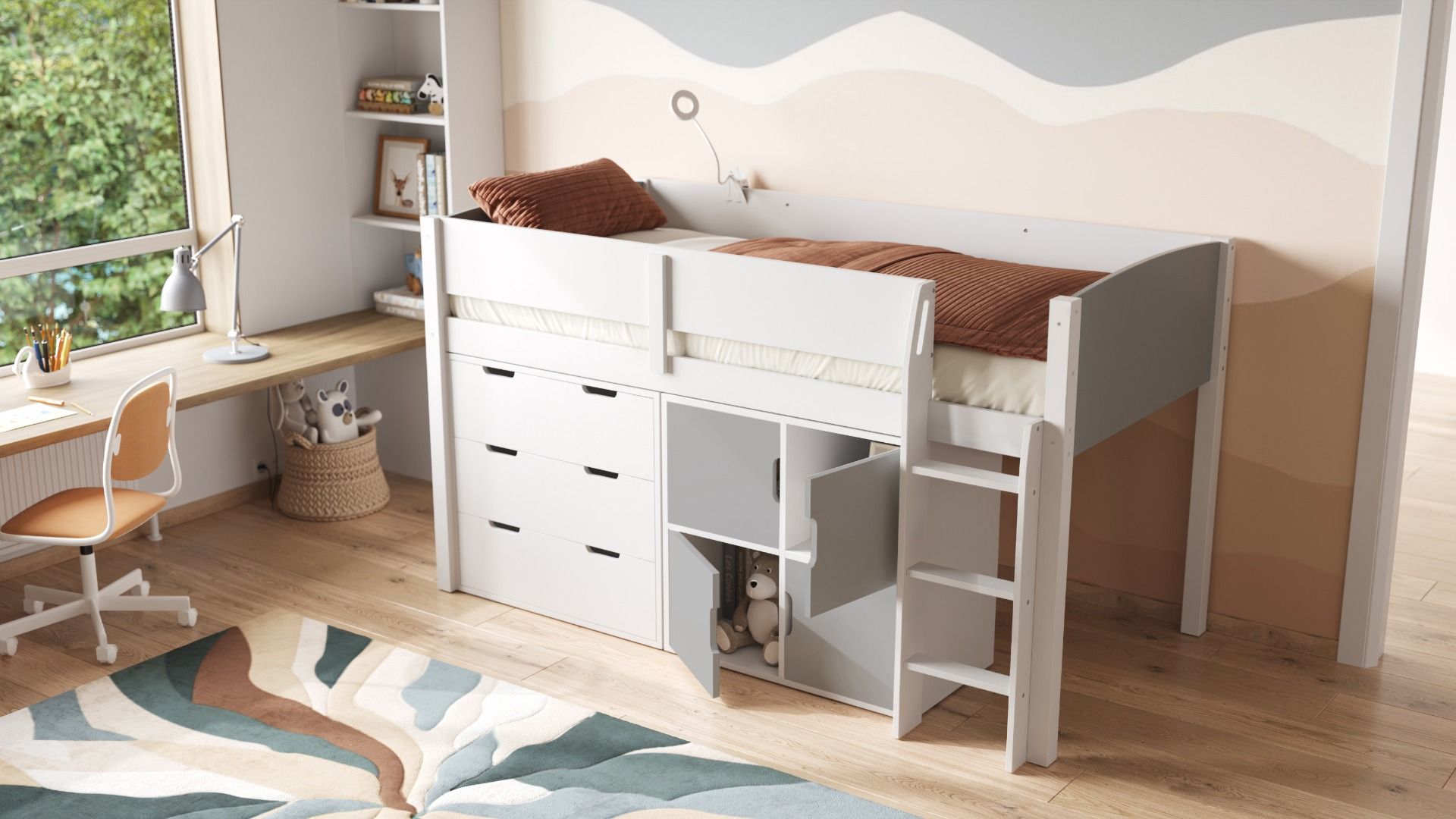 Loop Wooden Midsleeper Grey Cabin Bed Storage Set with Doors