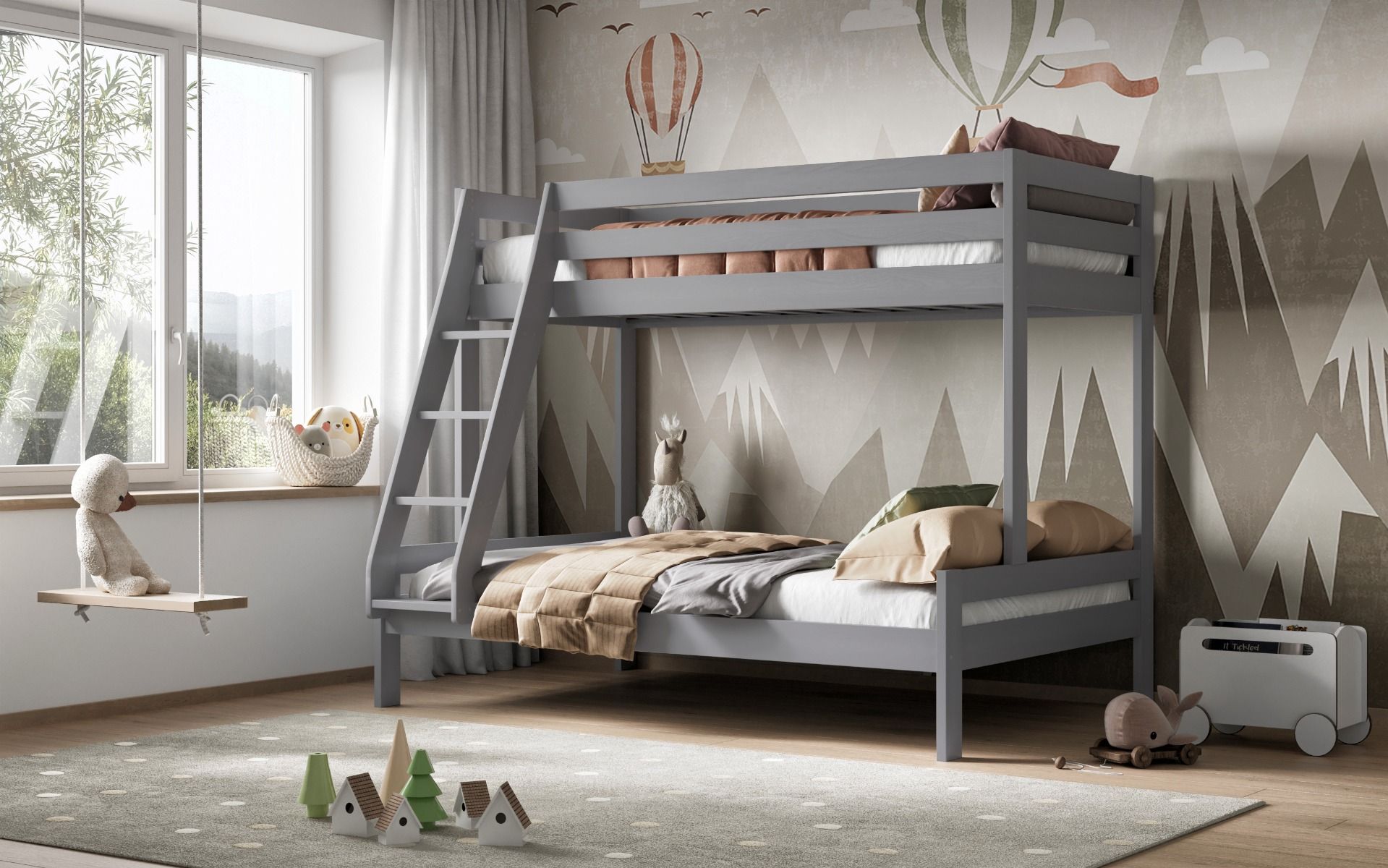 Noomi Nora Solid Wood Grey Triple Bunk Bed with Storage