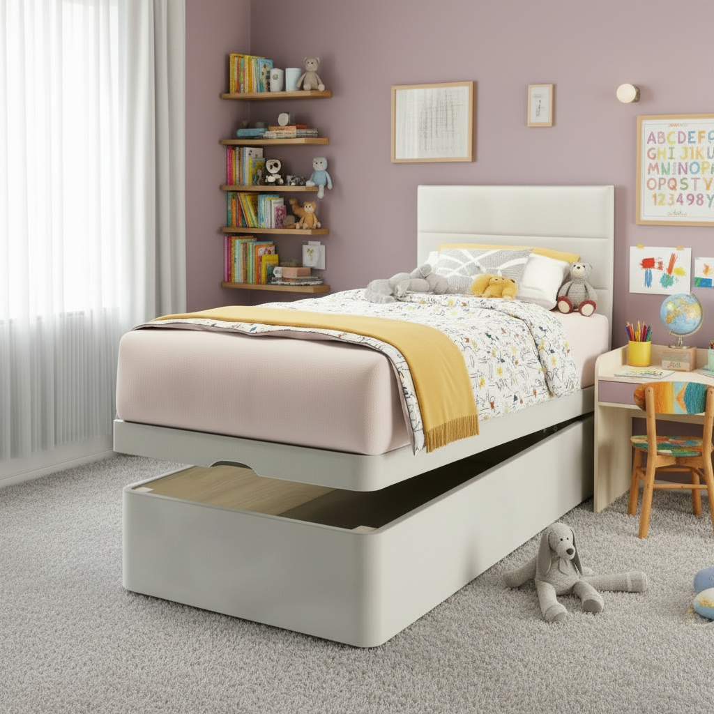 Horizontal Panels Ottoman Bed - Pink Walls Carpet Kids Room