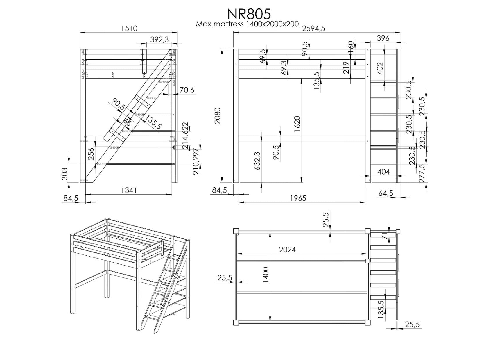 Noomi Studio Grey Double High Sleeper Loft Bed