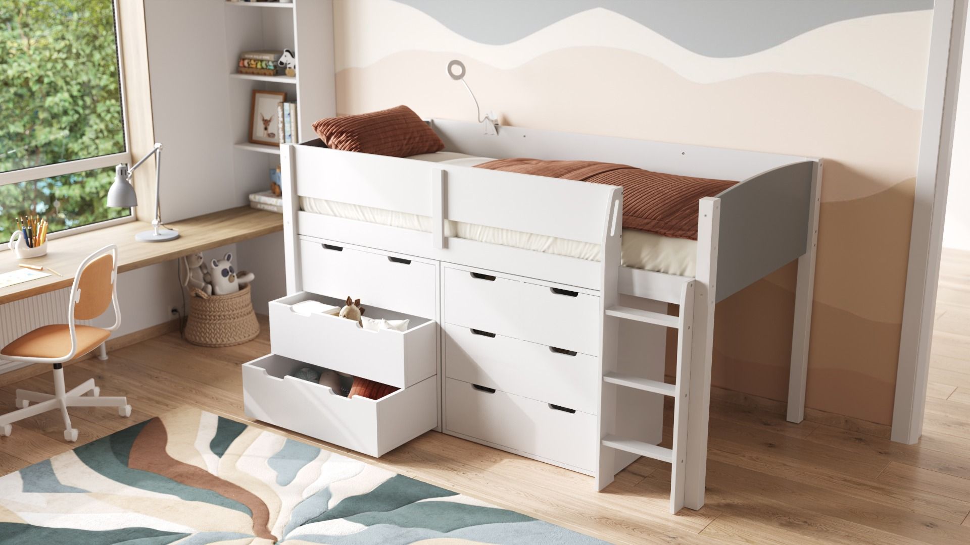 Loop Wooden Midsleeper Grey Cabin Bed Storage Set