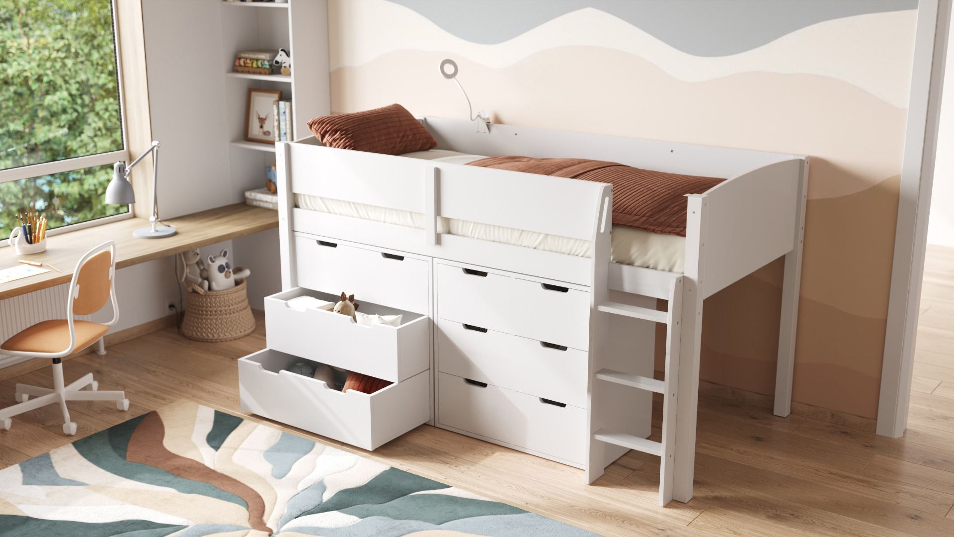 Loop Wooden Midsleeper White Cabin Bed Storage Set